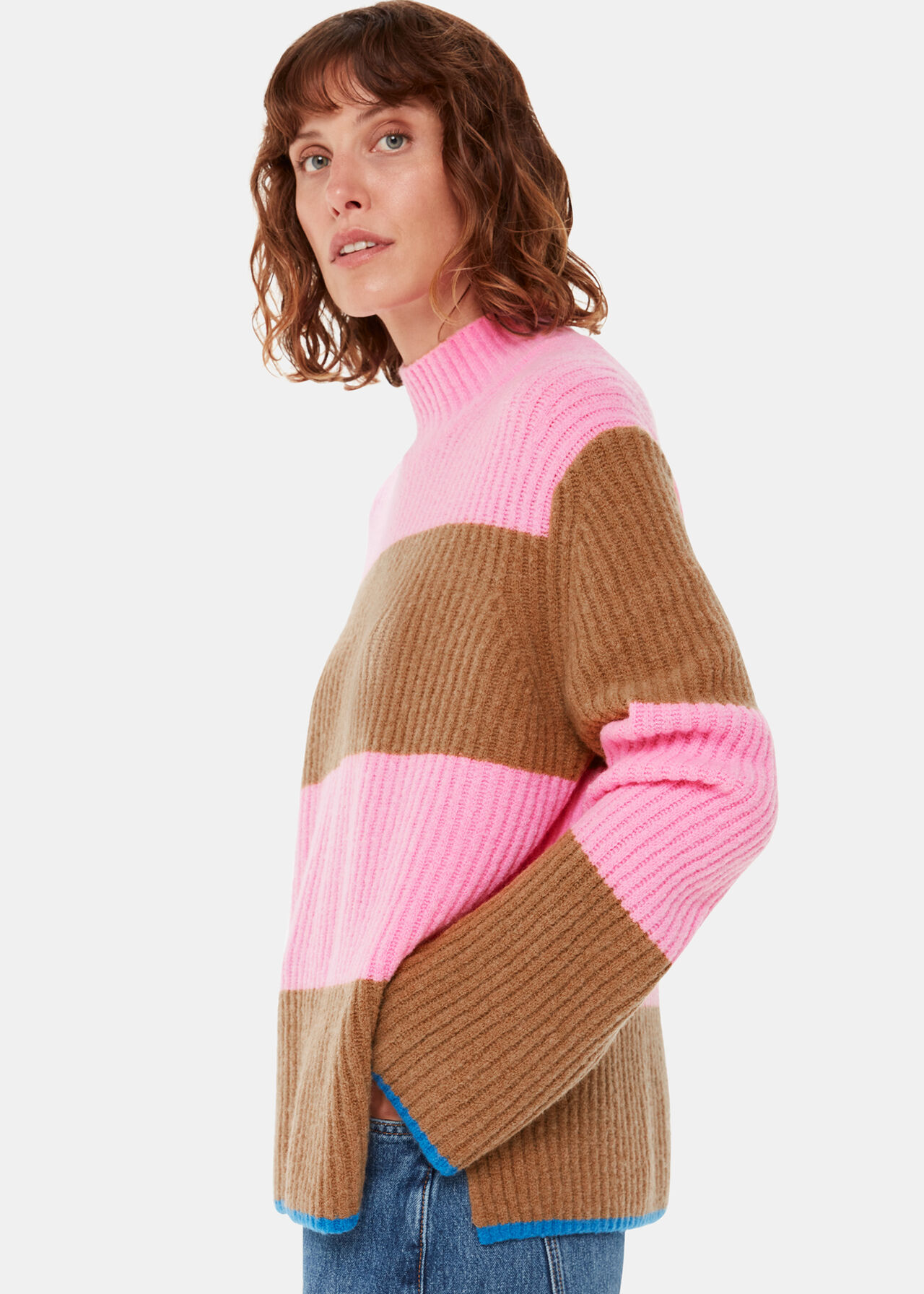 Block Stripe Rib Funnel Neck