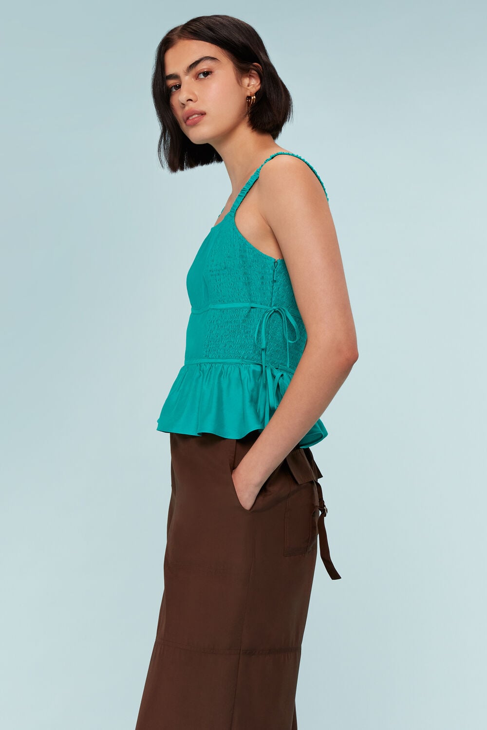 Turquoise Tie Side Shirred Top