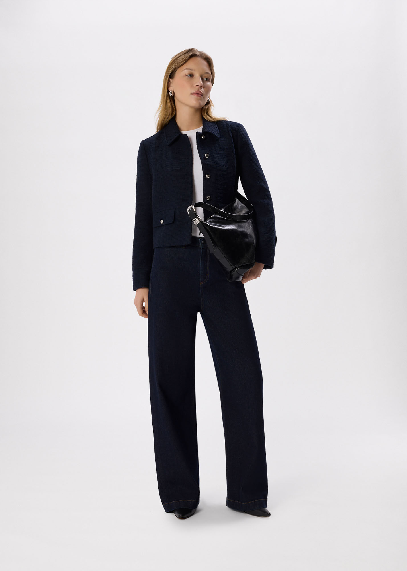 Navy Cropped Boucle Jacket | WHISTLES | Whistles US |