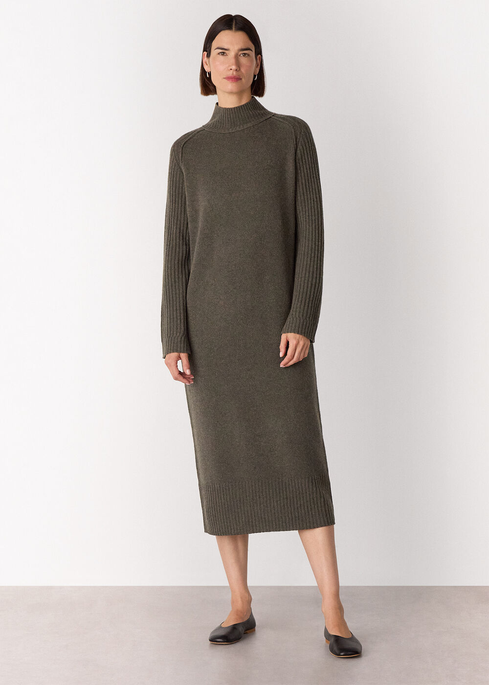 Funnel Neck Wool Midi Dress