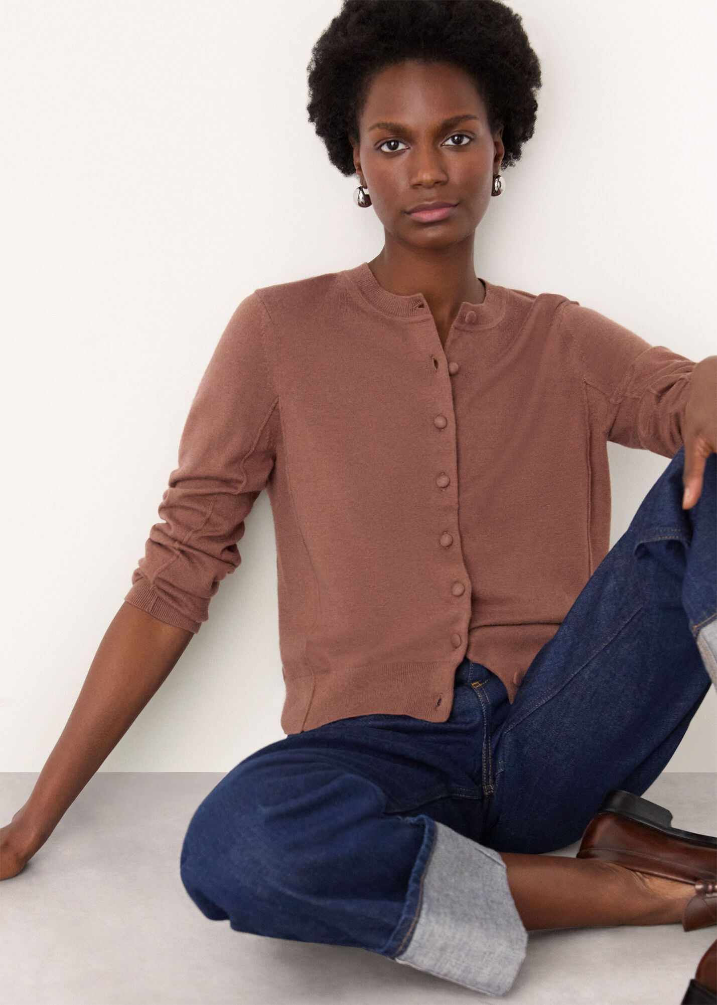 Brown Fine Gauge Crew Neck Cardigan | WHISTLES | Whistles UK |