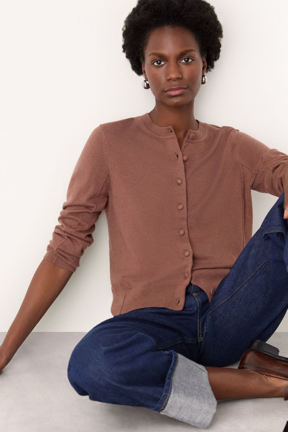 Fine Gauge Crew Neck Cardigan