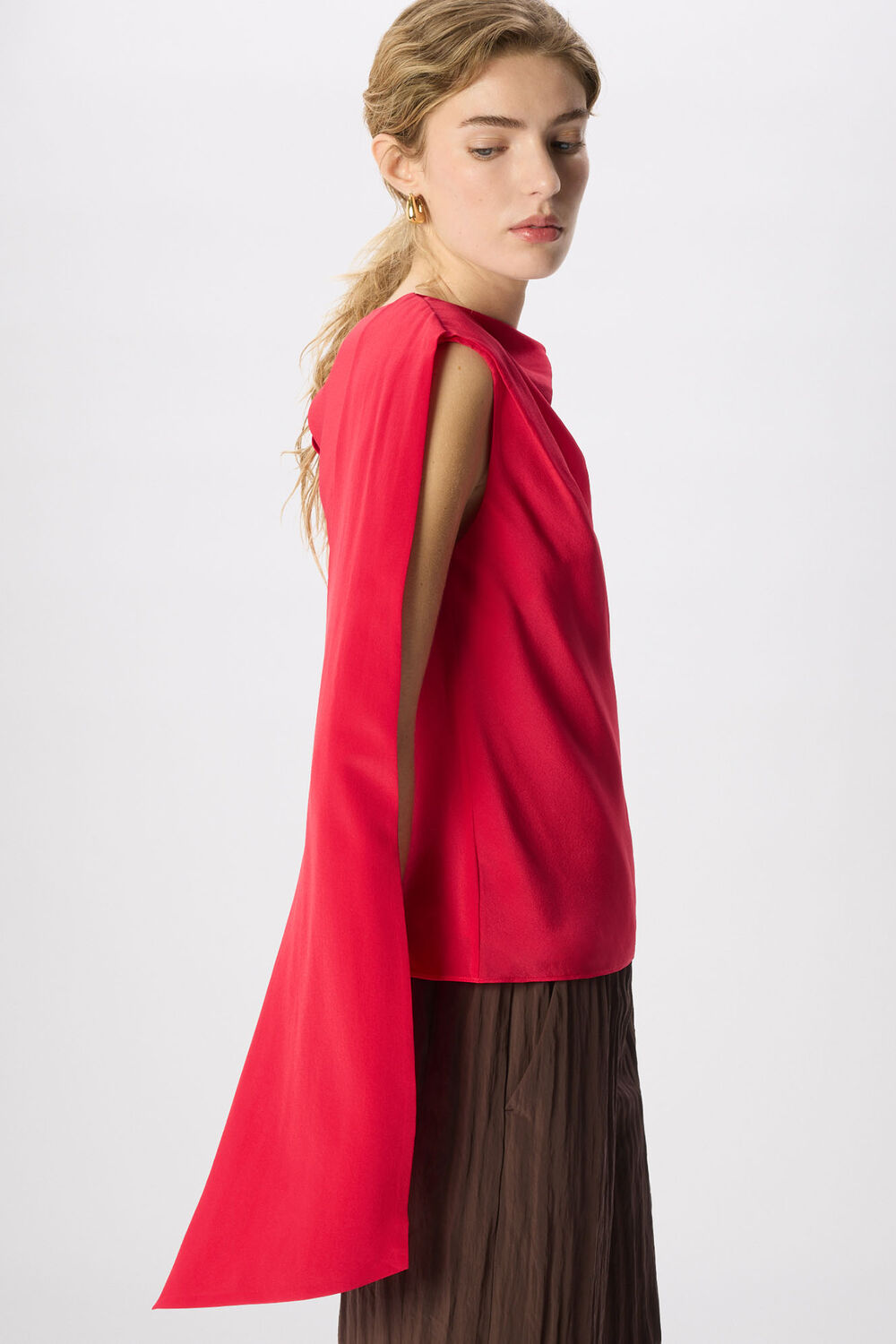 Red Cowl Neck Silk Drape Top