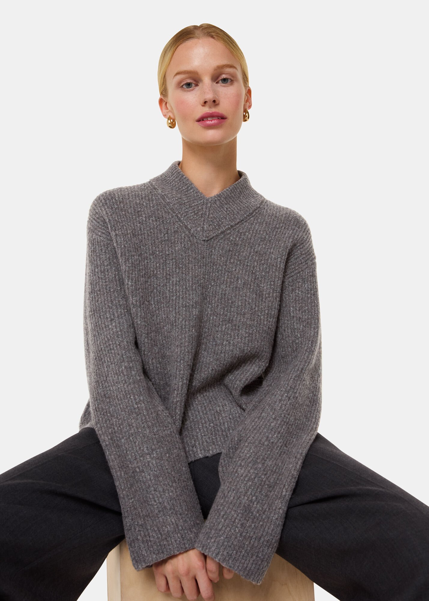 Women's Gray V Neck Wool Mix Sweater | Whistles US |
