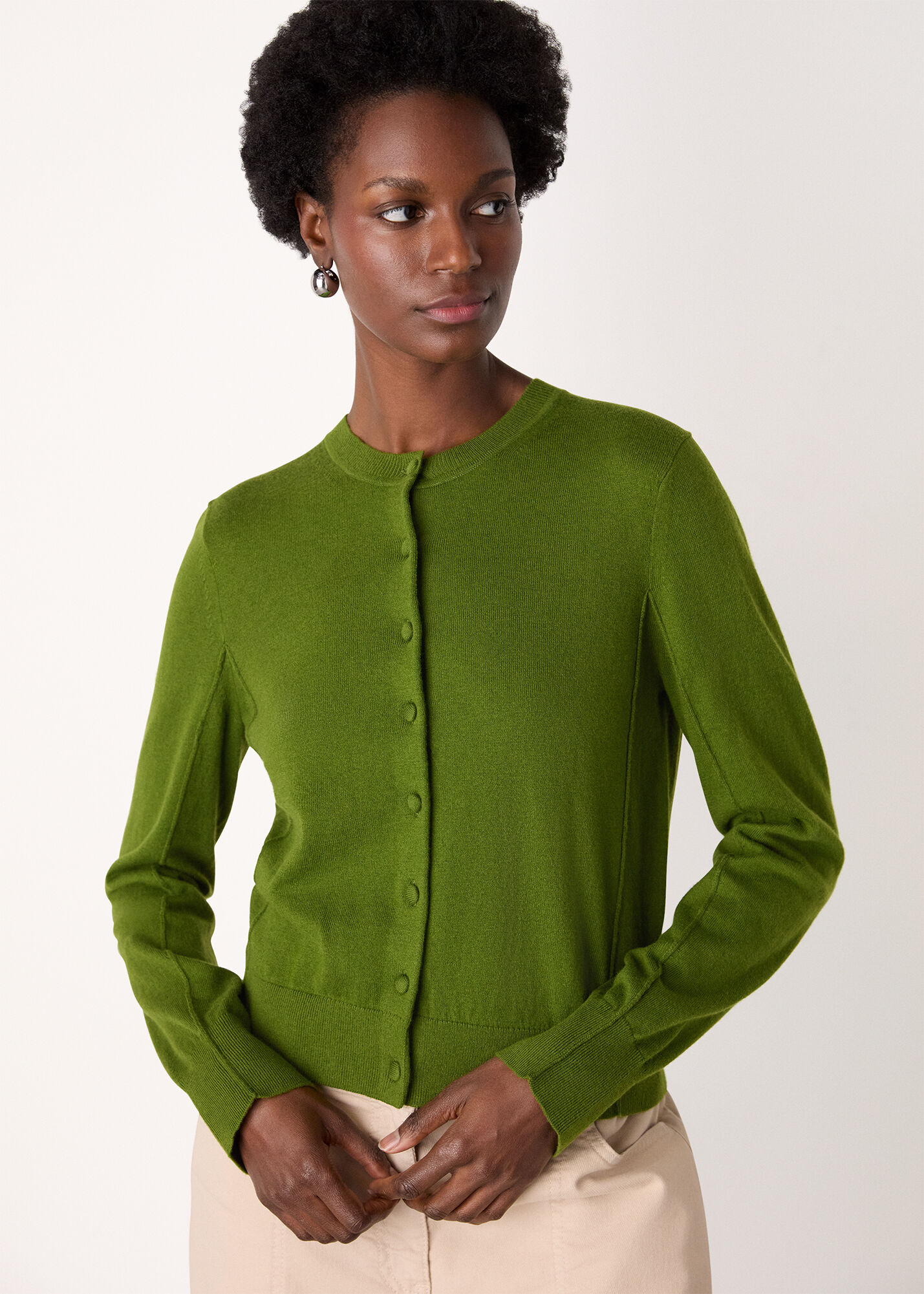 Green Fine Gauge Crew Neck Cardigan | WHISTLES | Whistles ROW |