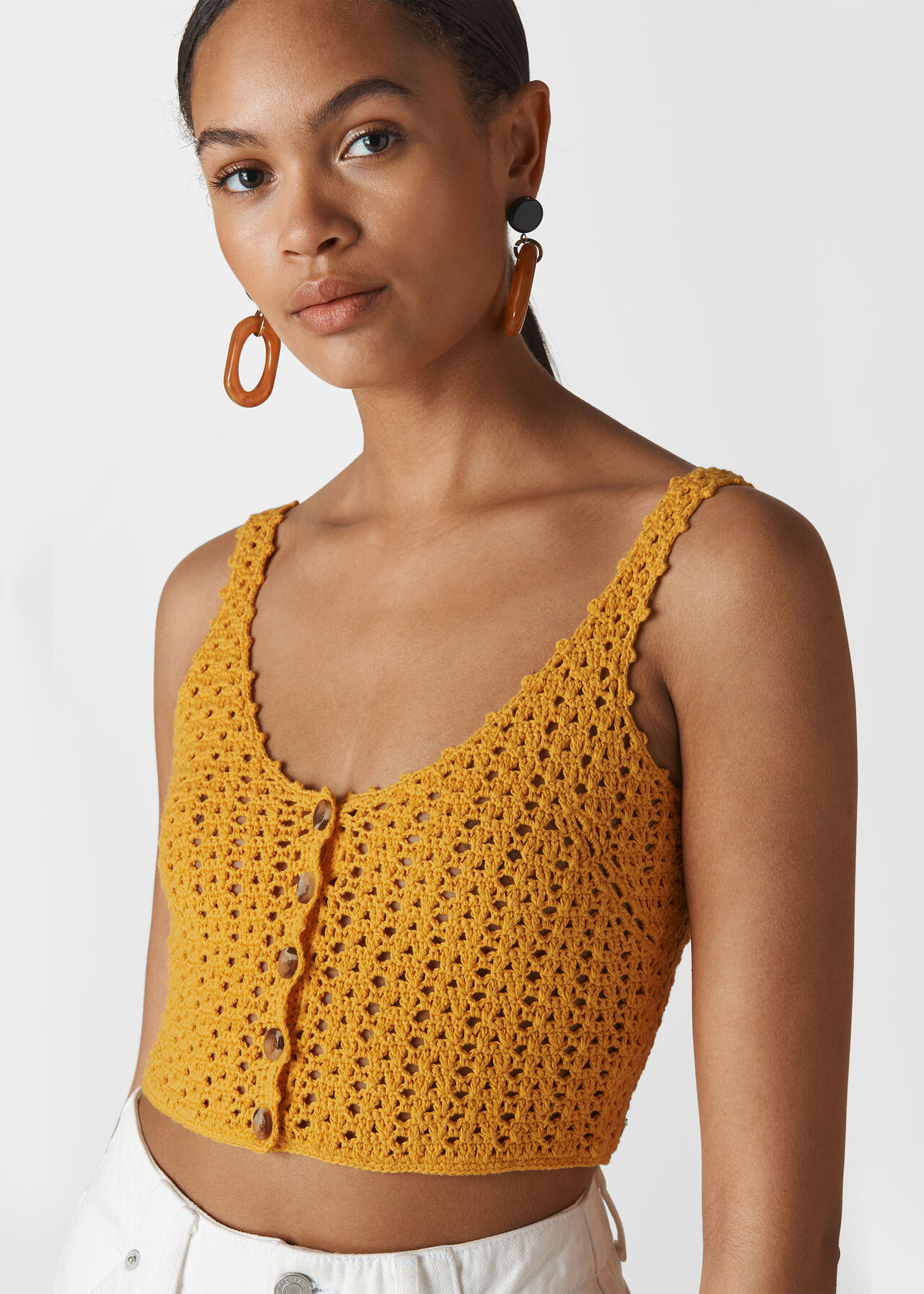 Hand Crochet Button Front Tank Yellow