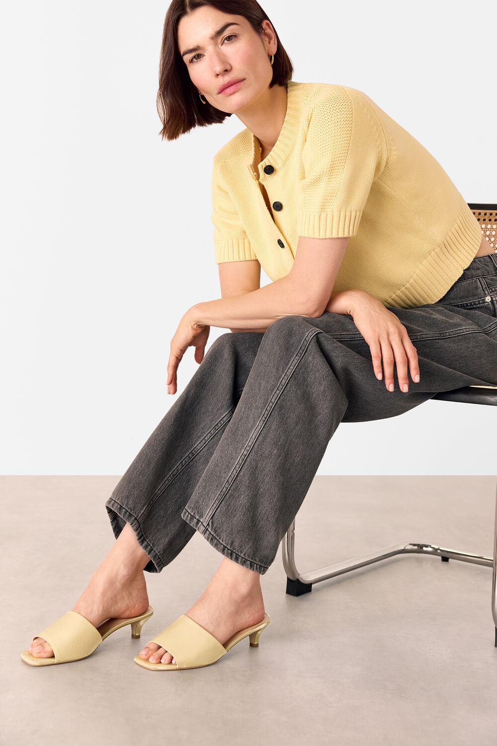 Pale Yellow Satin Slip On Heeled Mule