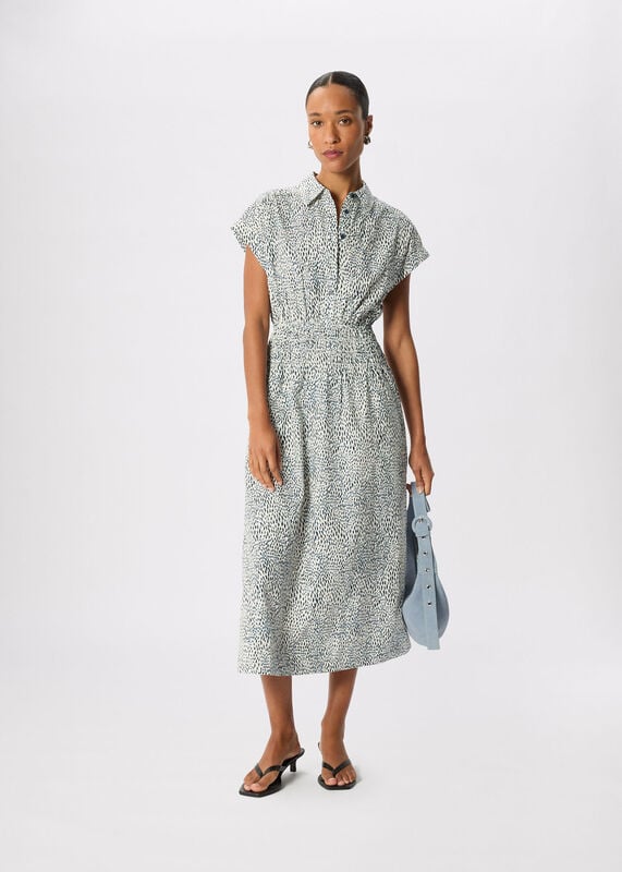 Navy Petite Flecked Animal Collared Dress