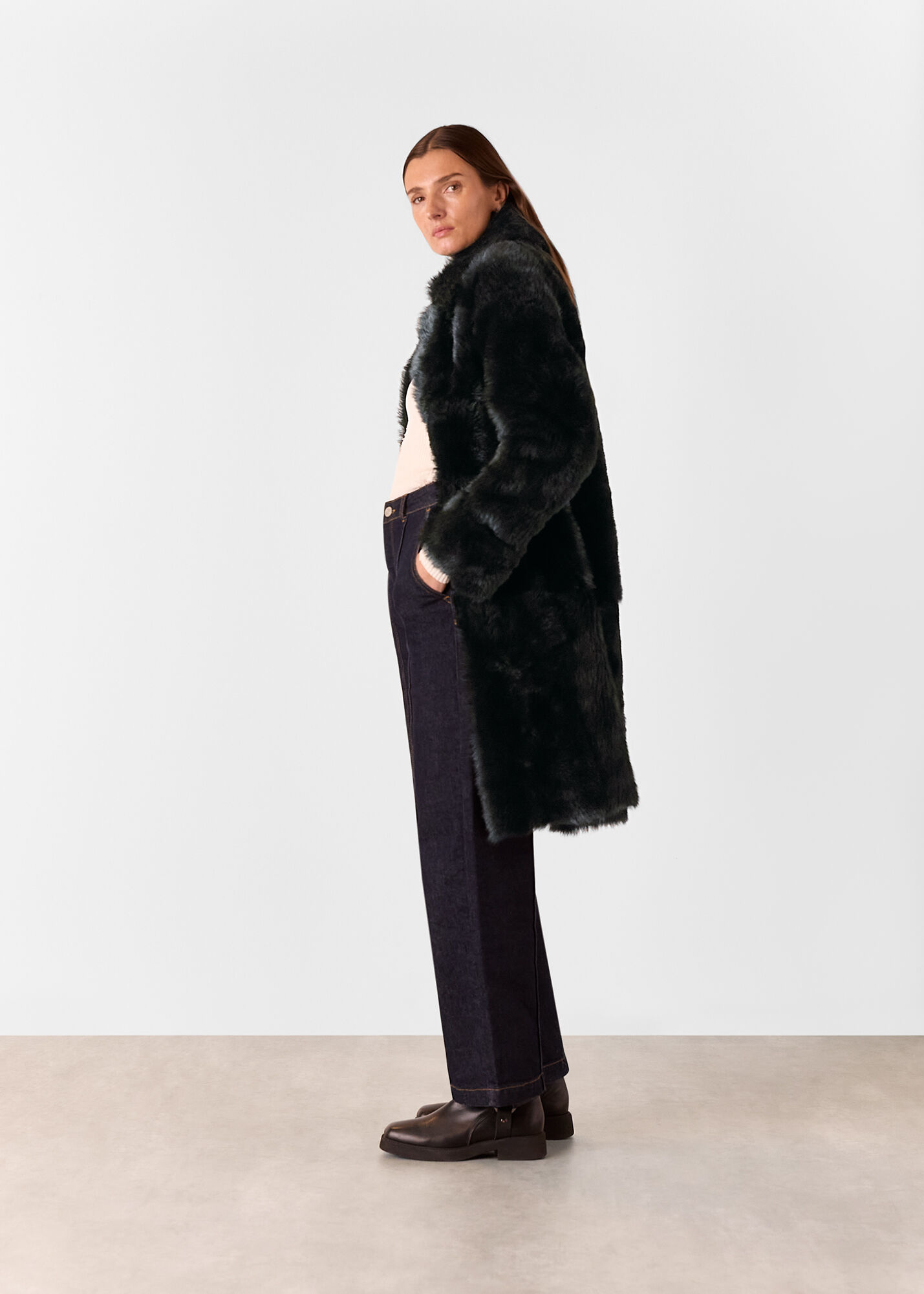 Black Odette Long Shearling Coat | WHISTLES | Whistles US |
