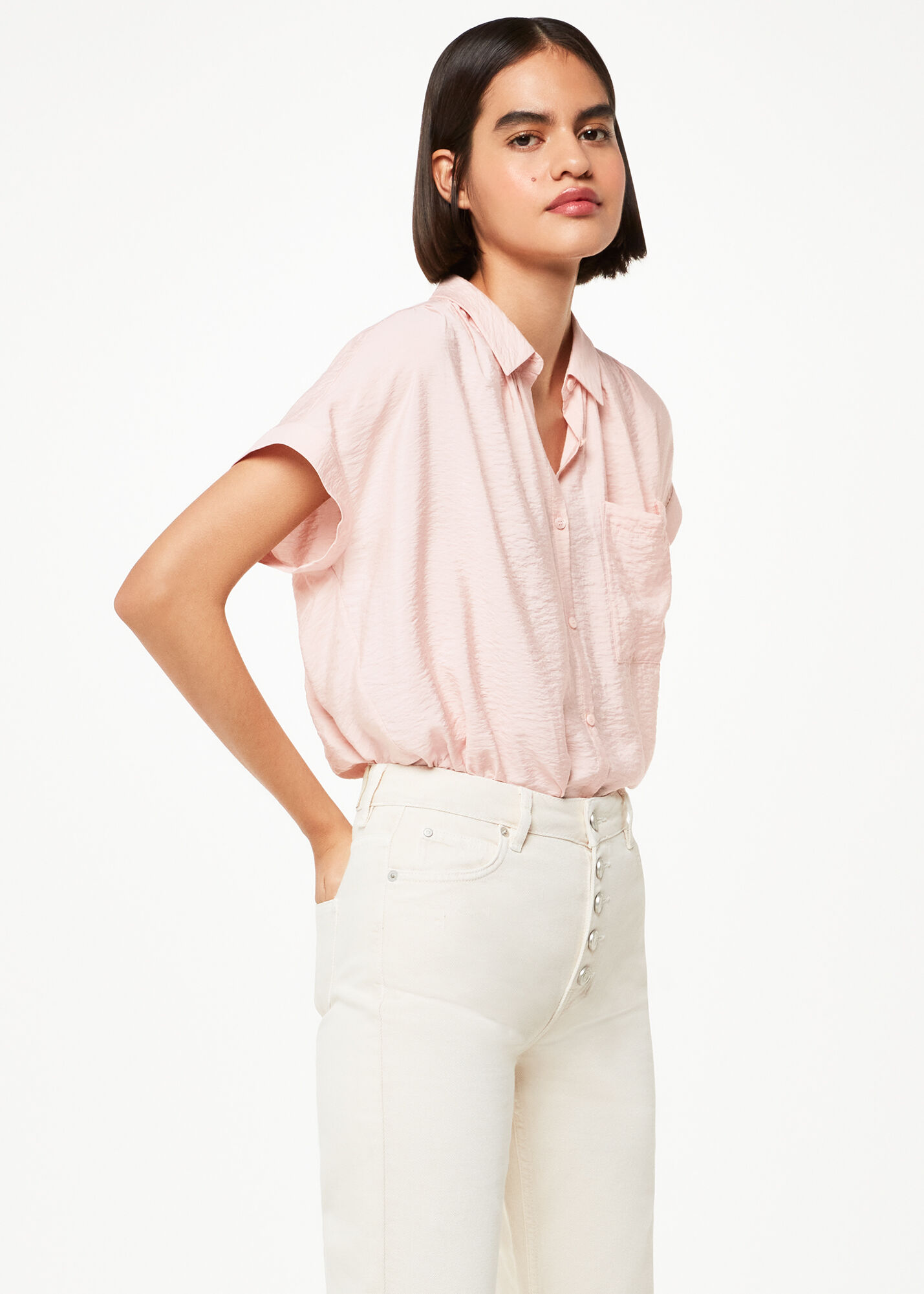 pale pink short sleeve shirt
