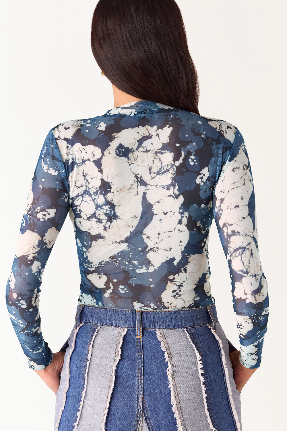 Blue Batik Marble Gathered Mesh Top