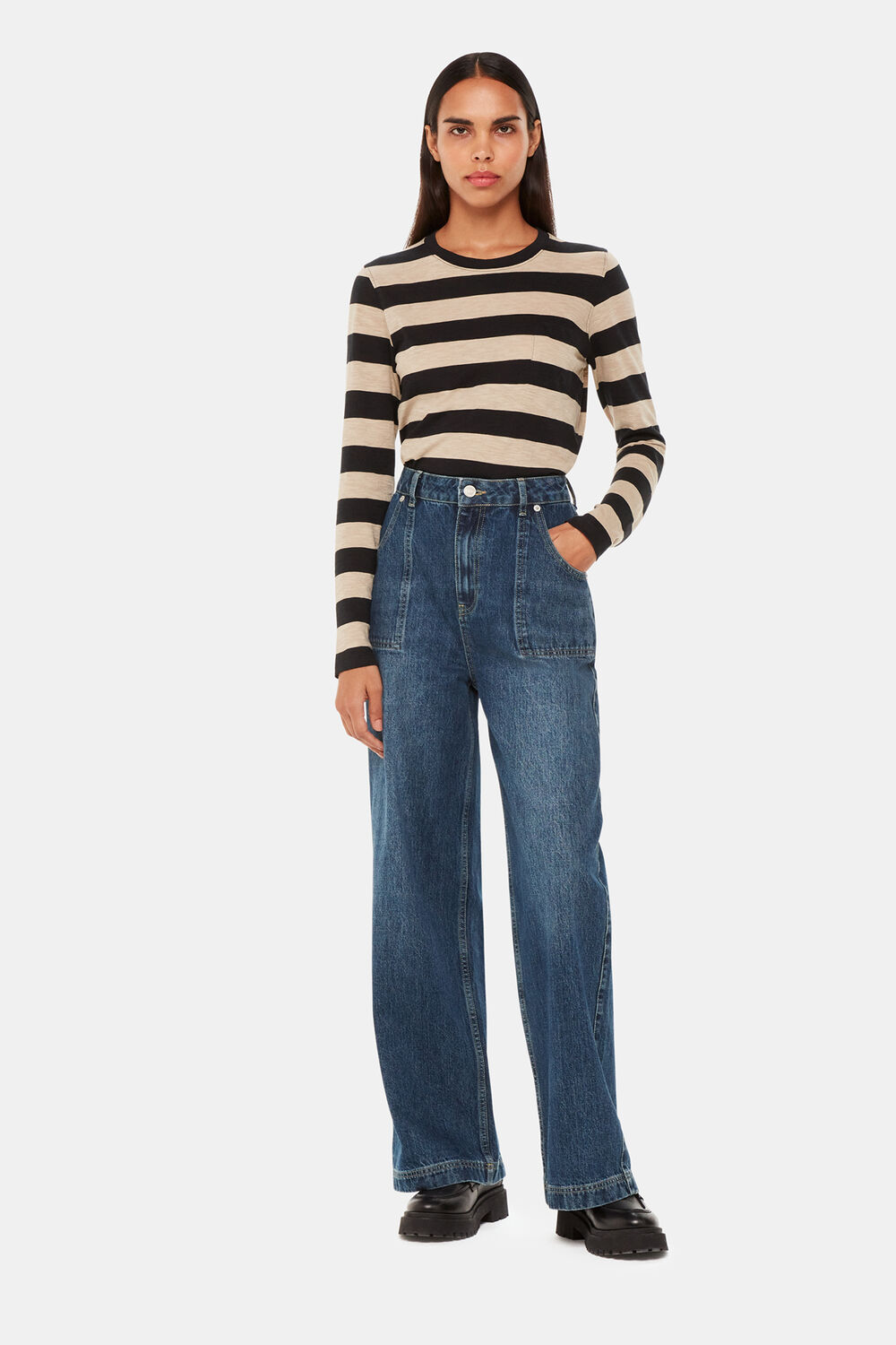 Black Crew Neck Stripe Pocket Top