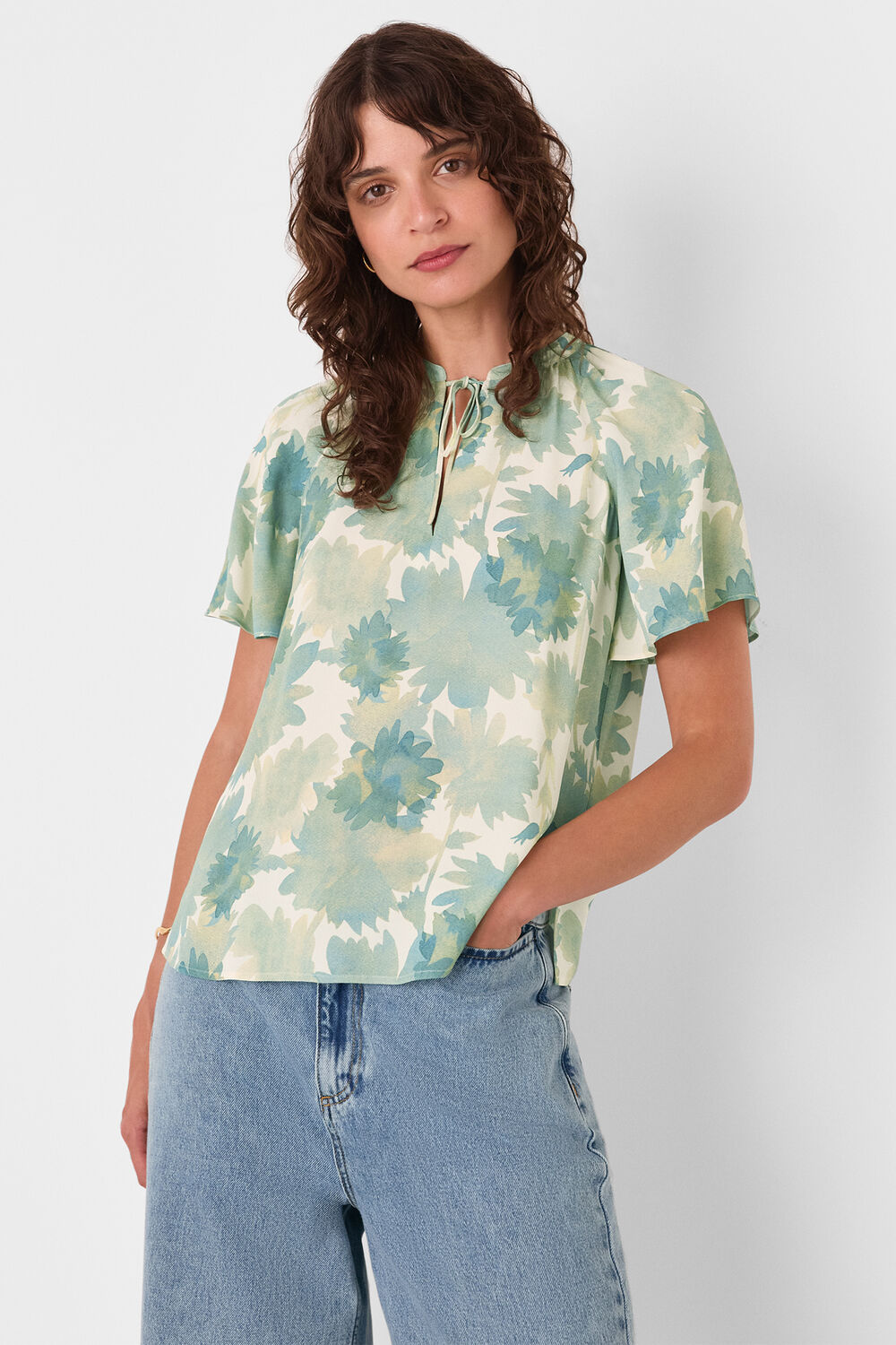 Blue Floral Tie Neck Blouse