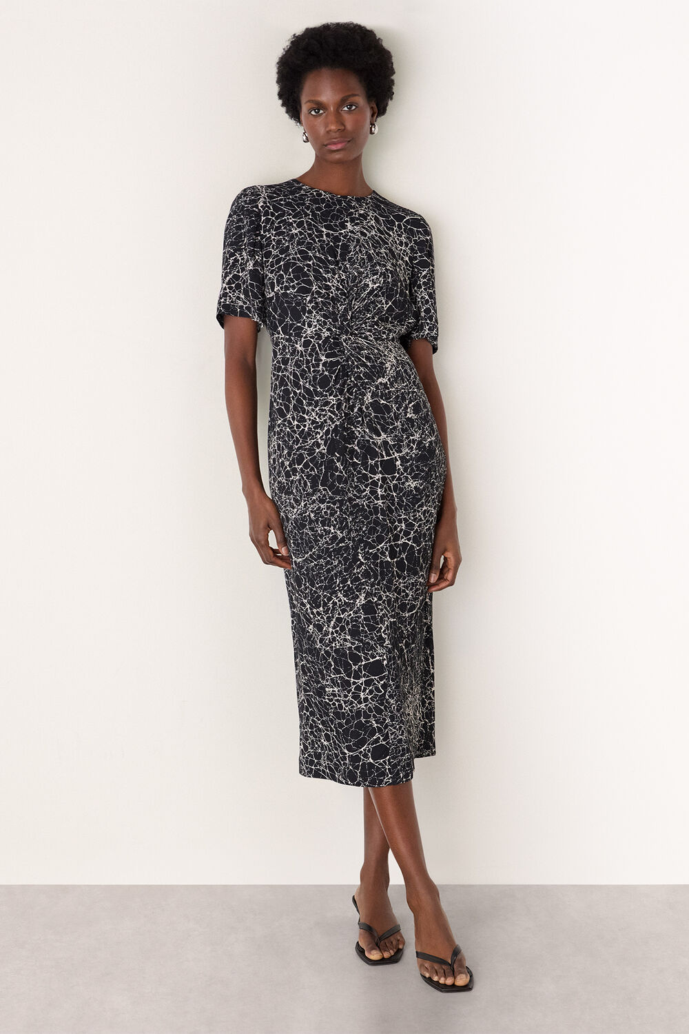 Navy Crackle Print Twist Midi Dress