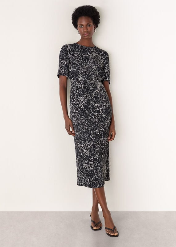 Navy Crackle Print Twist Midi Dress