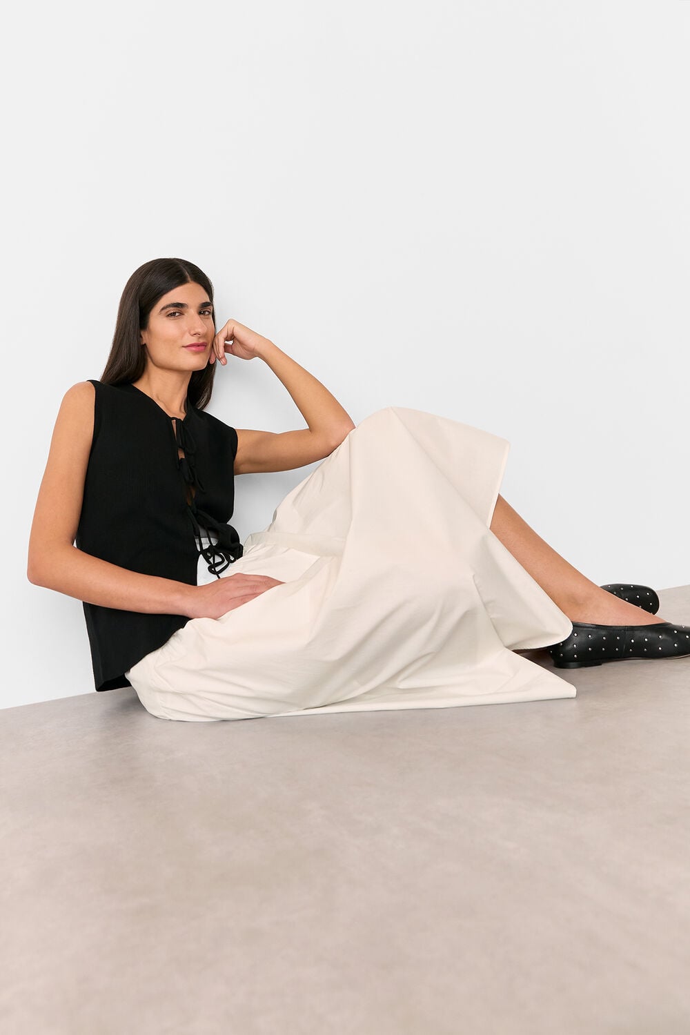 White Cotton Waisted Midi Skirt