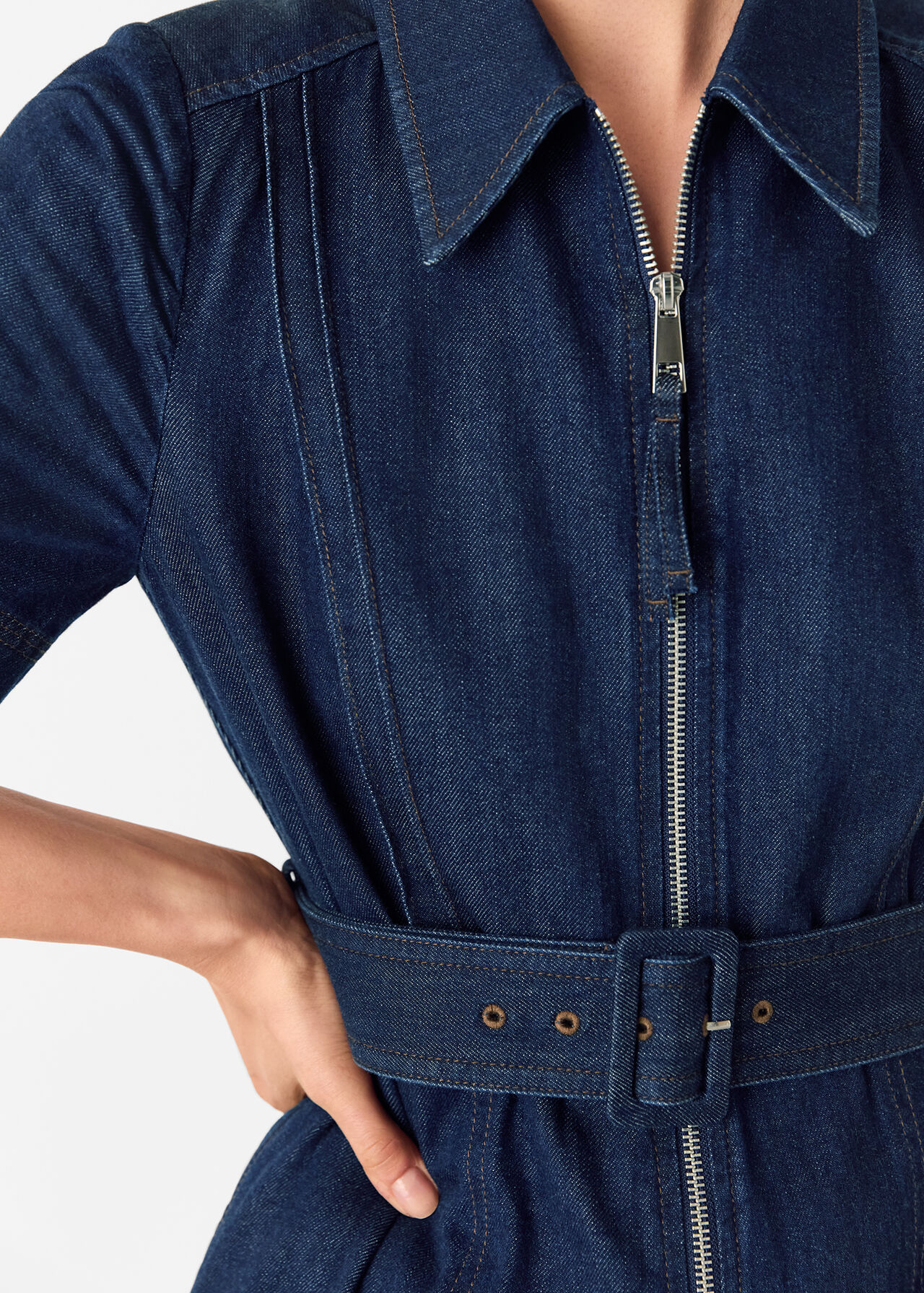 Denim Pintuck Belted Jumpsuit