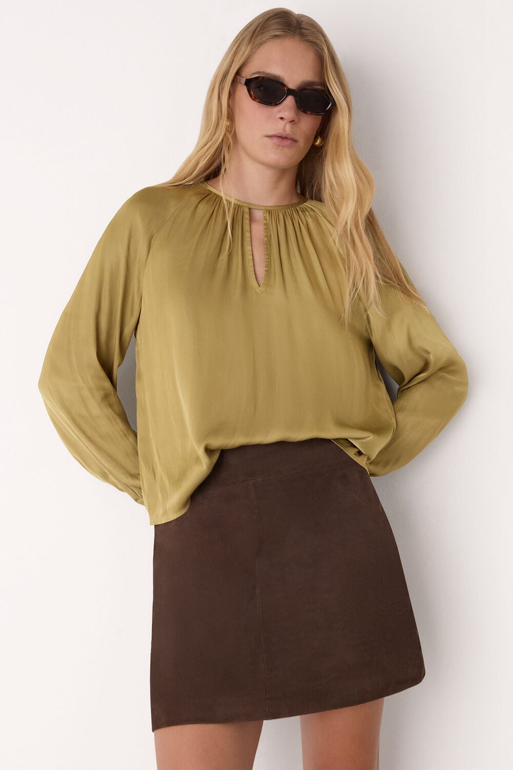 Khaki Gathered Satin Blouse