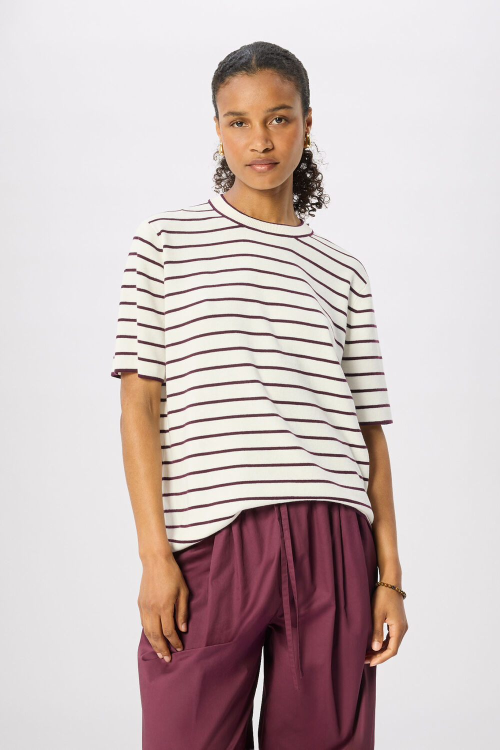 Burgundy Fine Knit Stripe T-Shirt