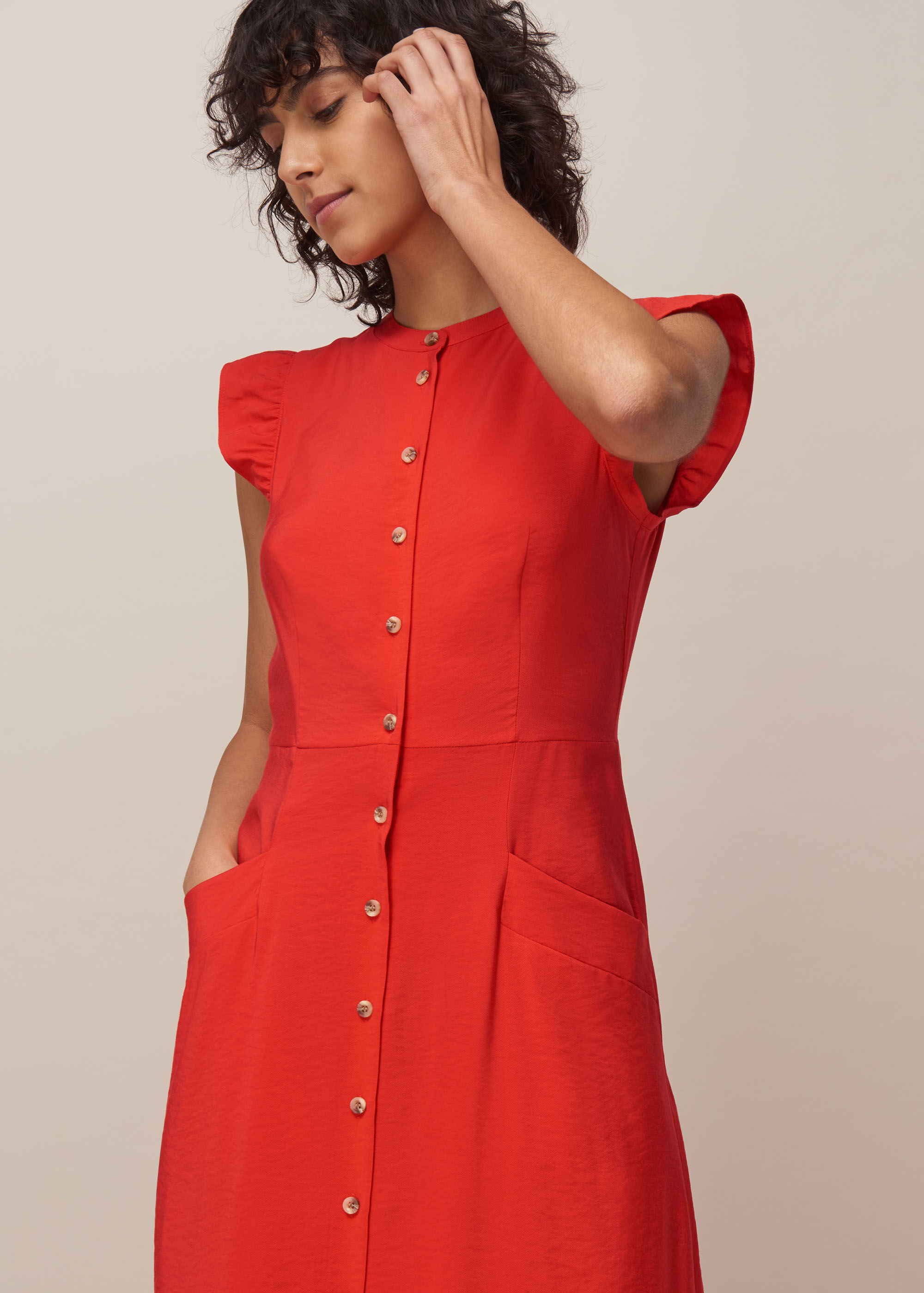 Red Frill Sleeve Button Dress WHISTLES