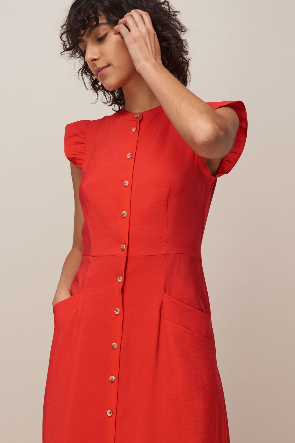 Frill Sleeve Button Dress Red