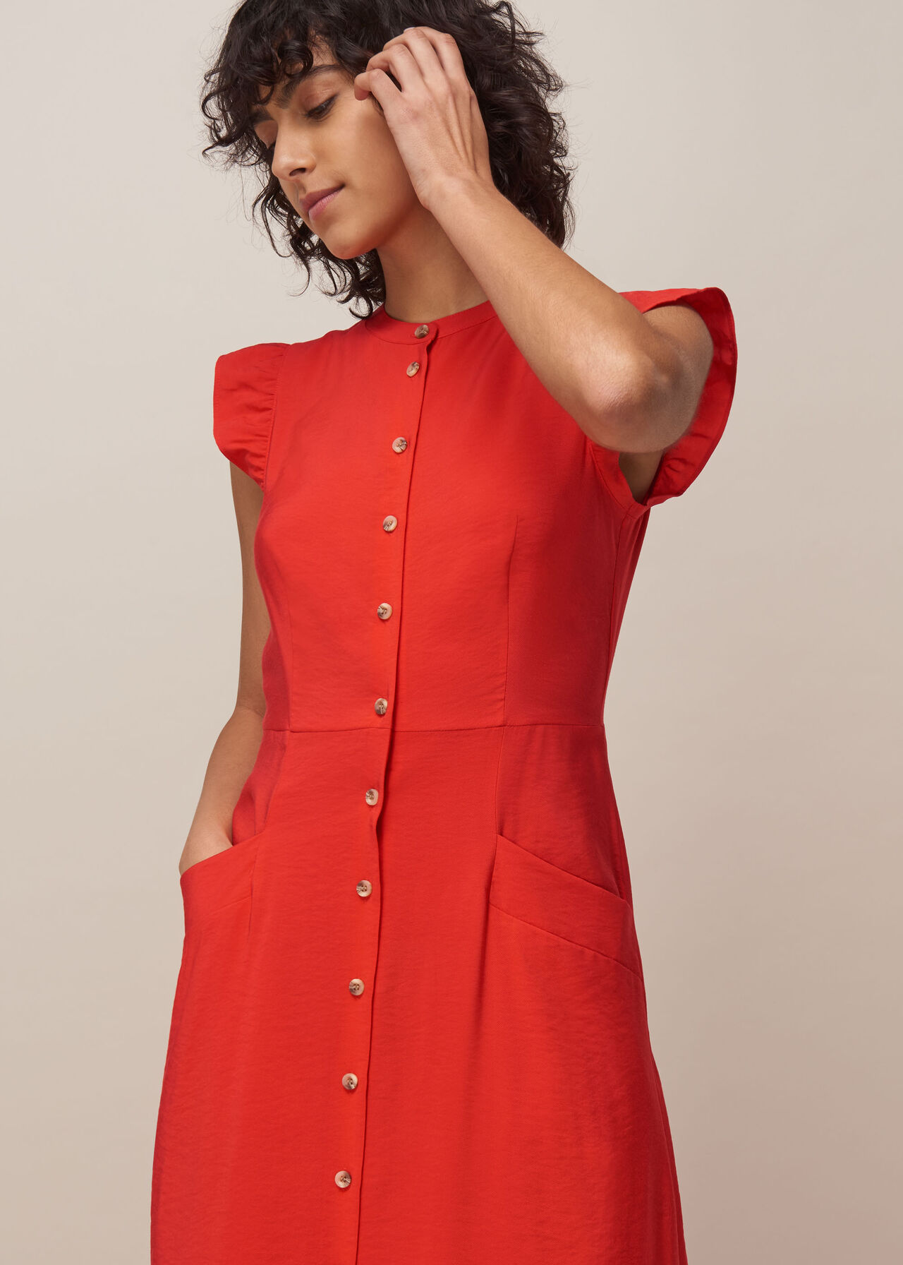 Frill Sleeve Button Dress Red