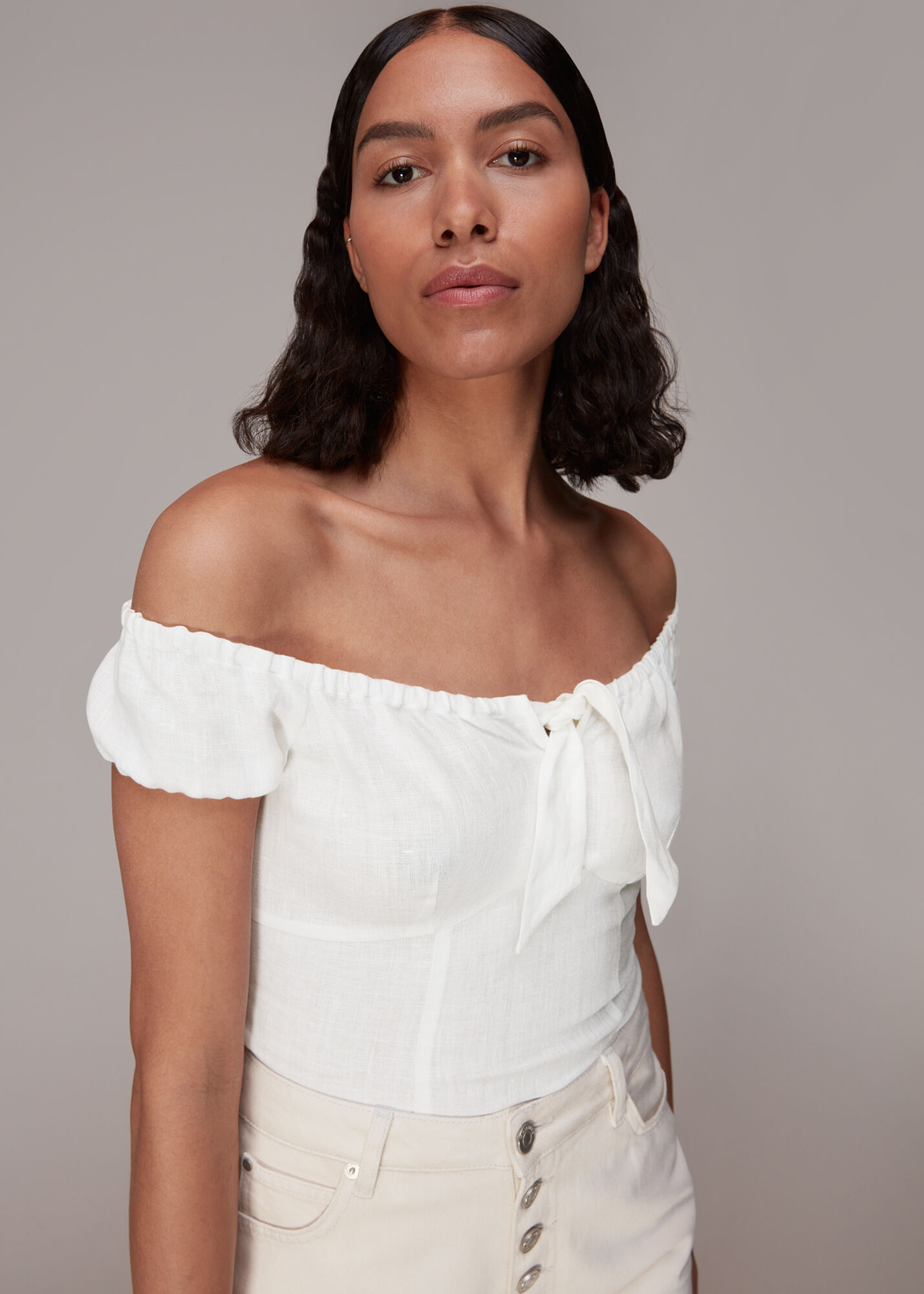 Off the shoulder linen top shop