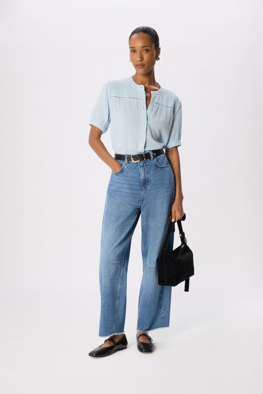 Pale Blue Textured Cotton Frill Top