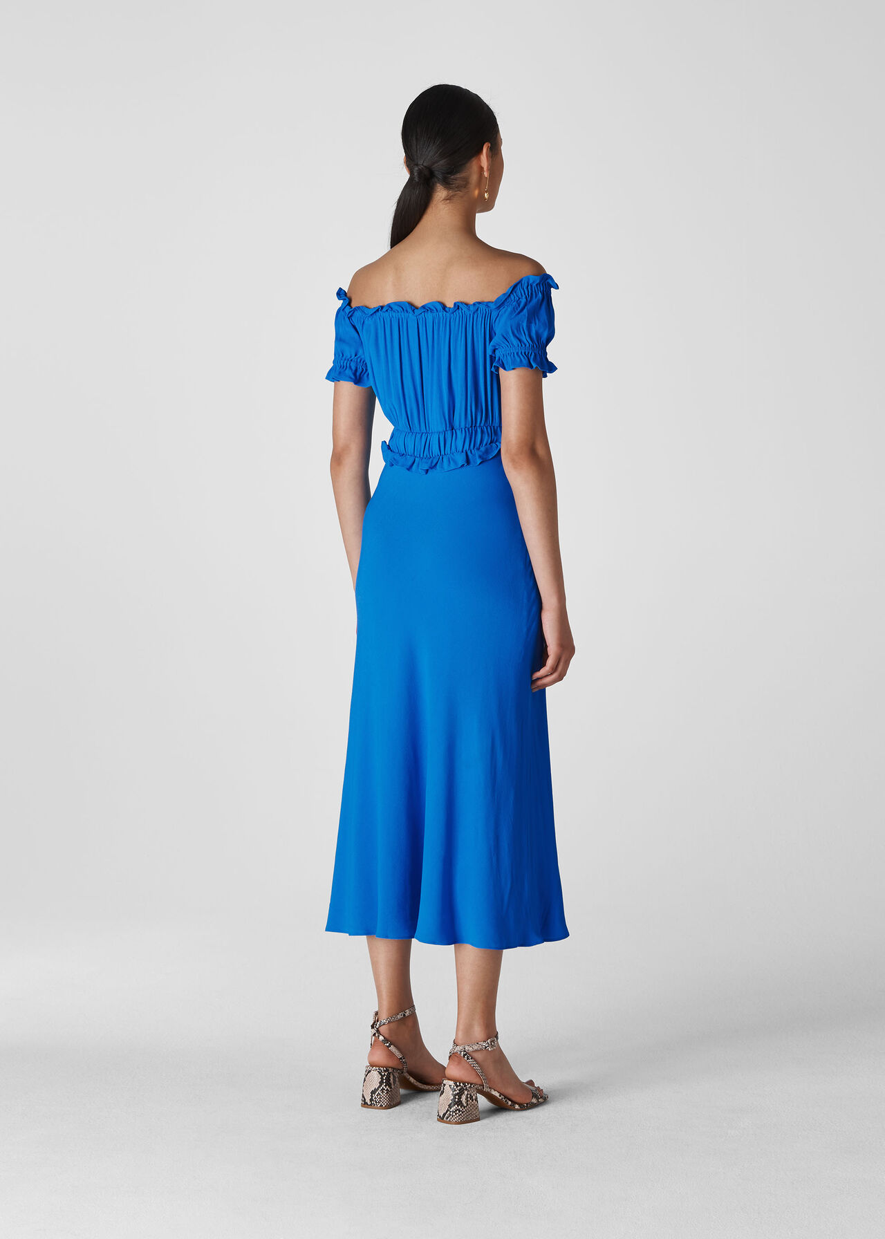 Floren Shirred Bardot Dress Blue