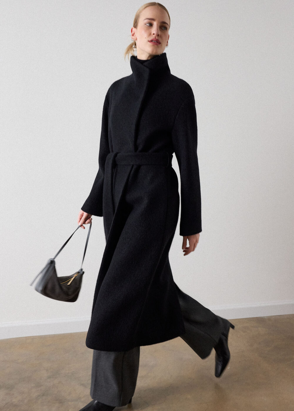 Black Petite Morgana Wool Funnel Wrap Coat