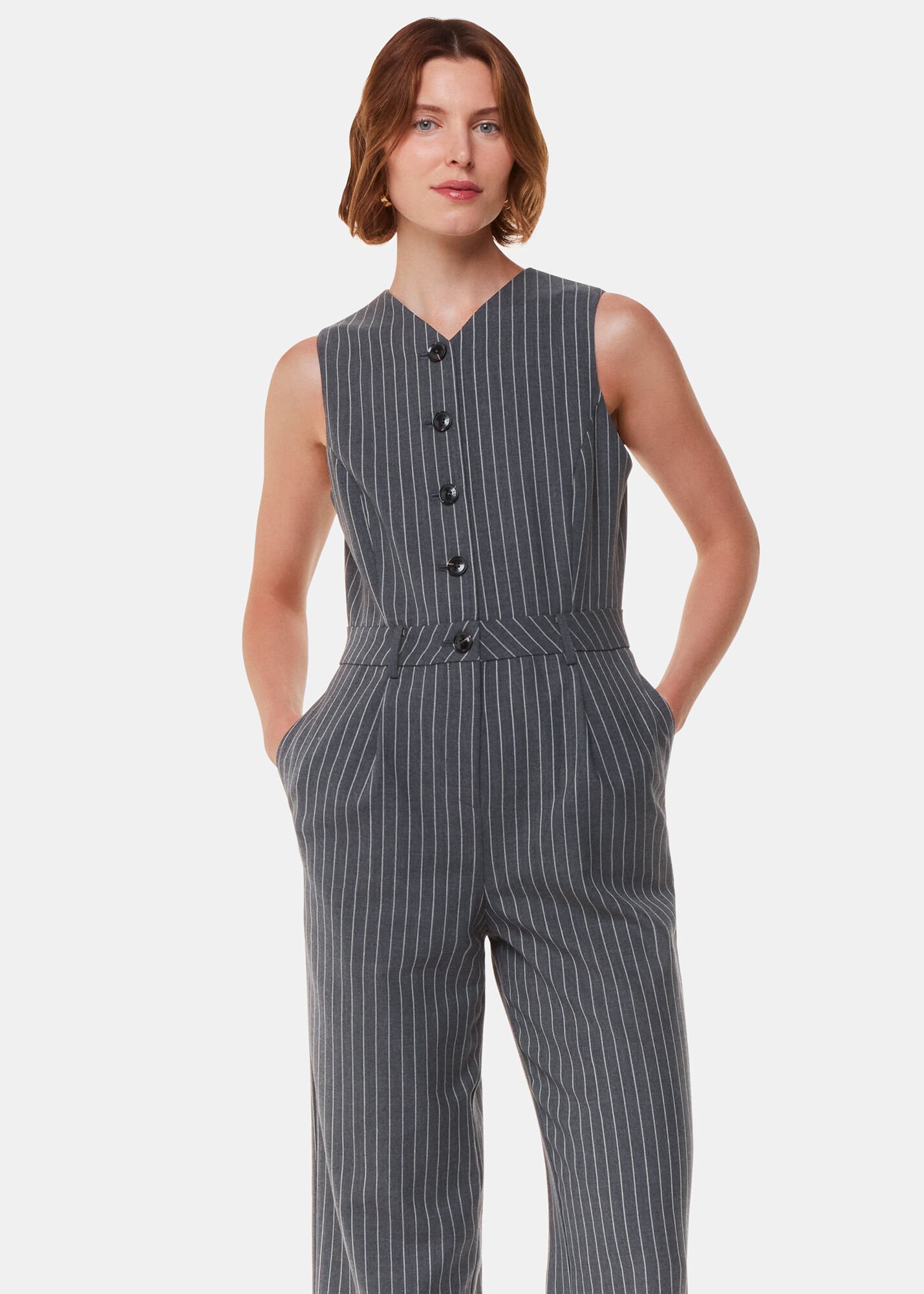 Grey/Multi Pinstripe Jumpsuit | WHISTLES | Whistles US |