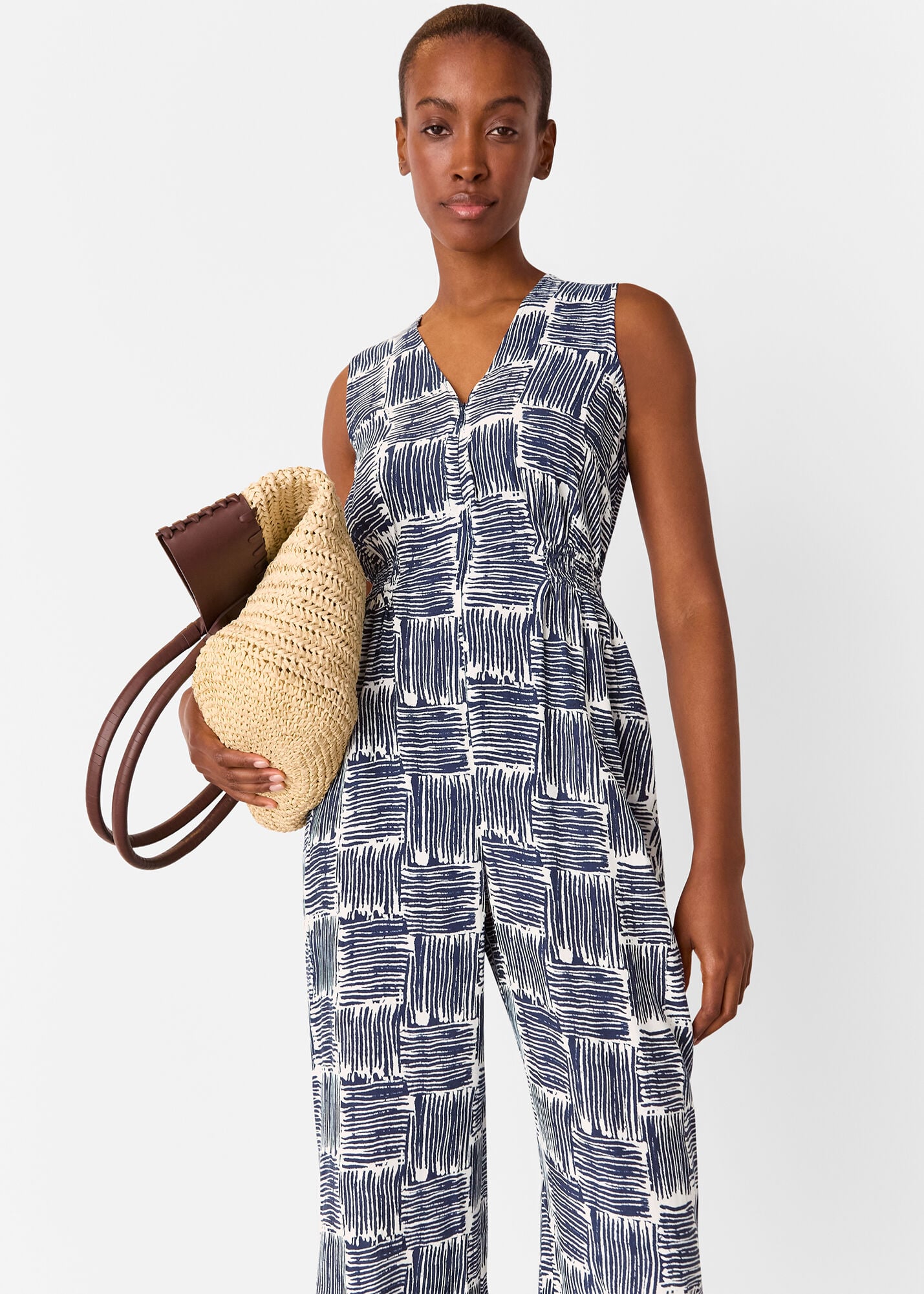 Navy/Multi Hatch Squares Jumpsuit | WHISTLES | Whistles US |
