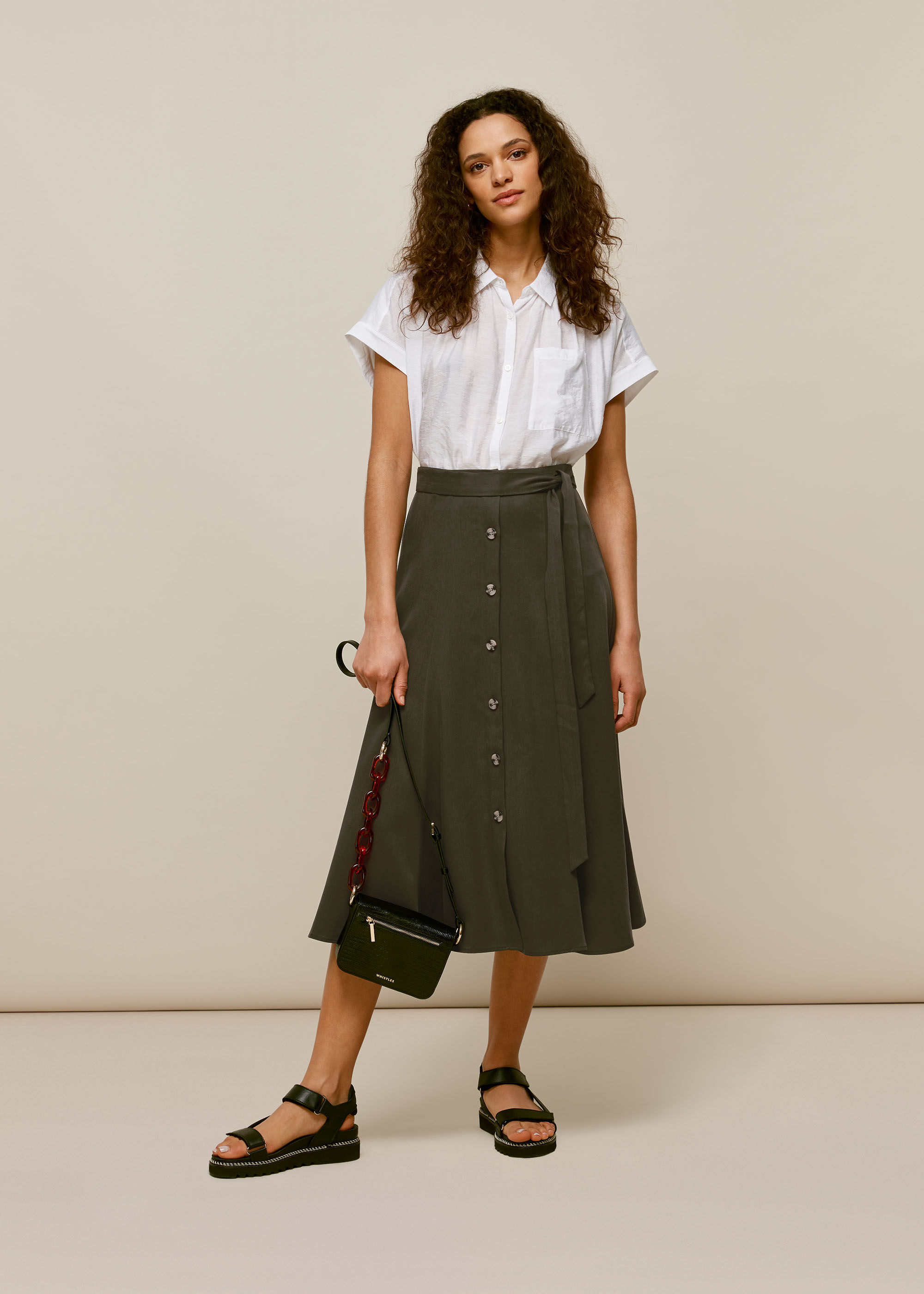 Khaki button store down skirt