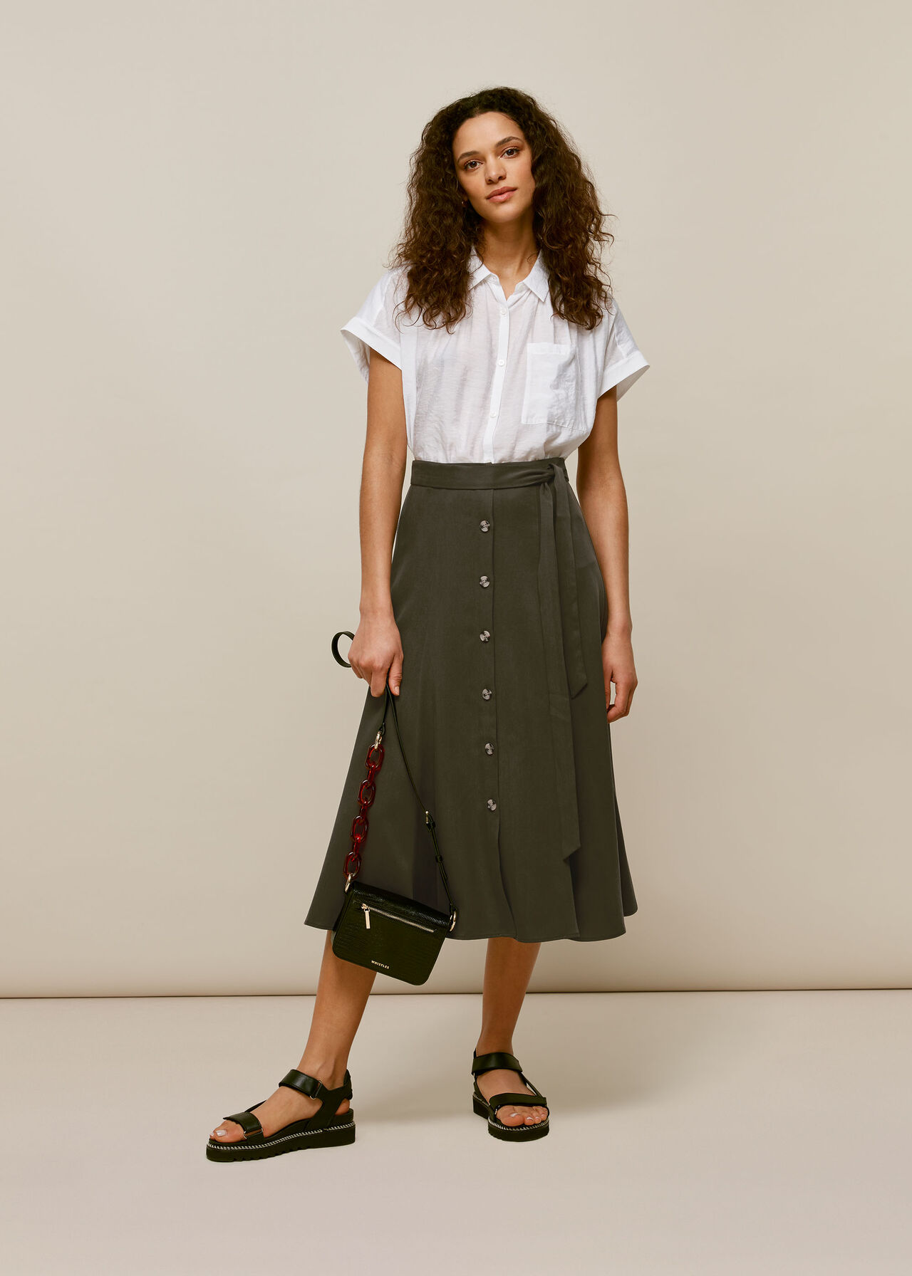 Marissa Button Through Skirt Khaki