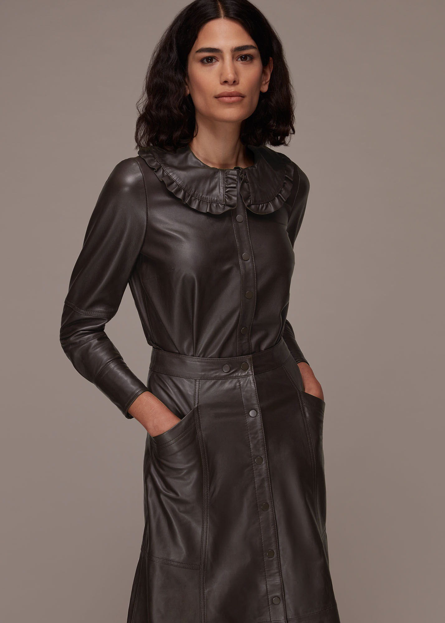 Chocolate Frill Collar Leather Shirt WHISTLES