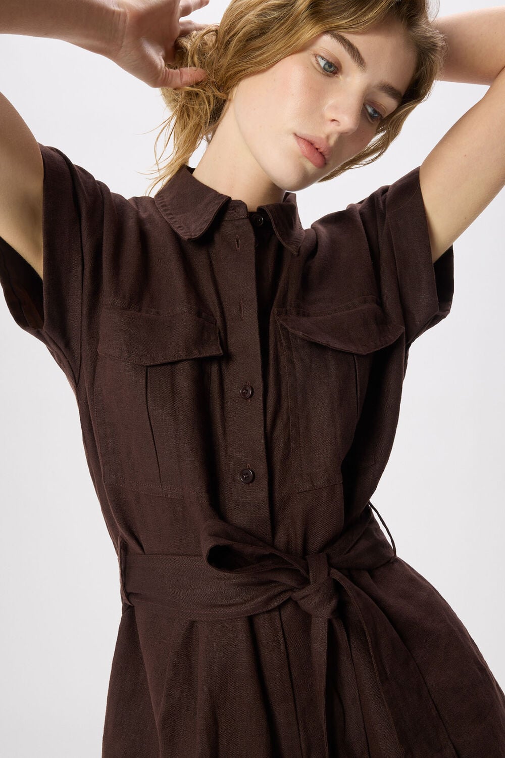 Chocolate Pocket Detail Linen Playsuit