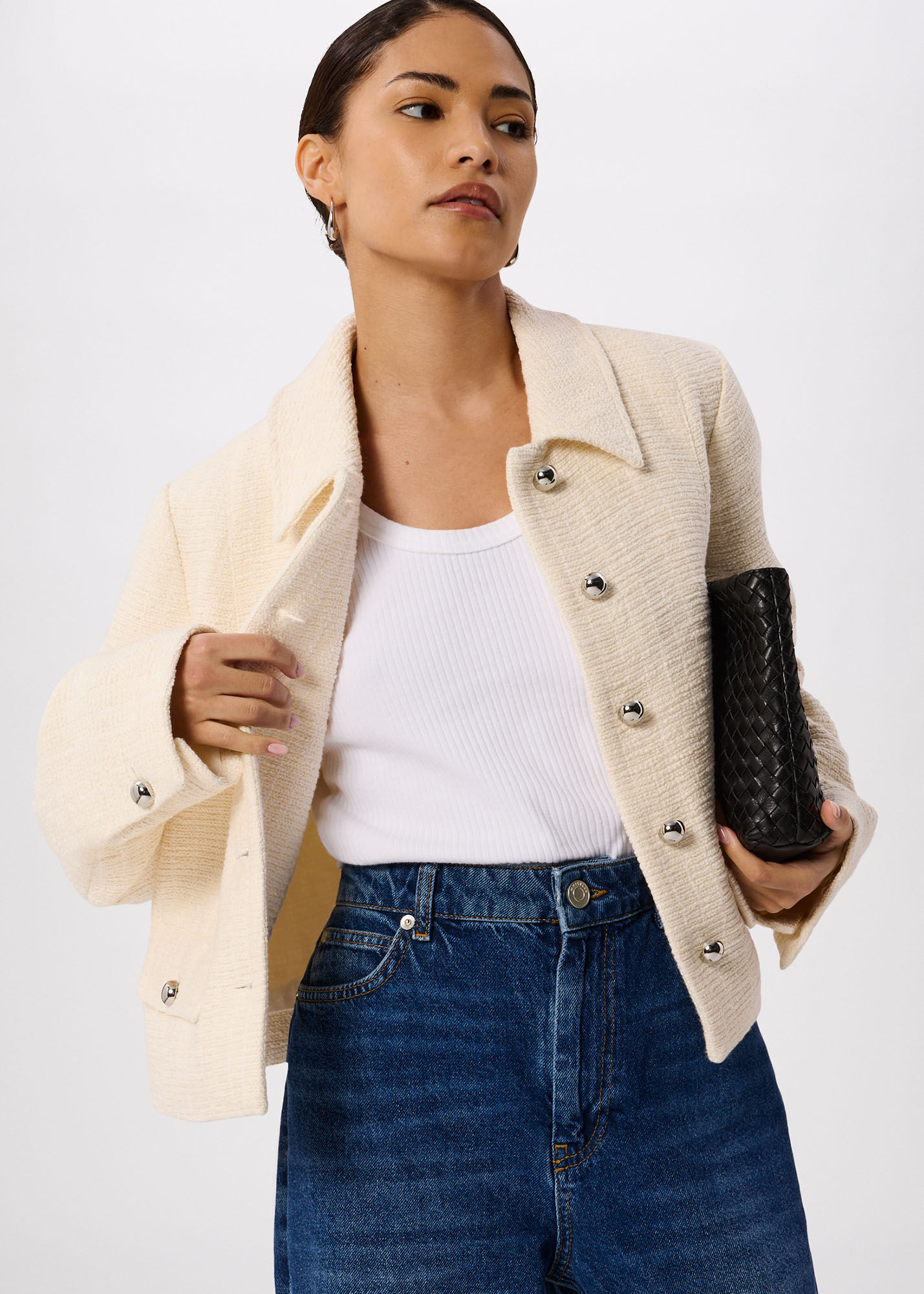 Ivory Petite Cropped Boucle Jacket | WHISTLES | Whistles US |