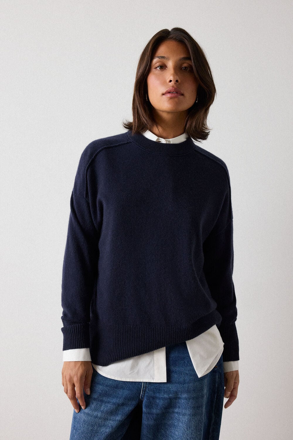 Navy Cashmere Seam Detail Crew Knit