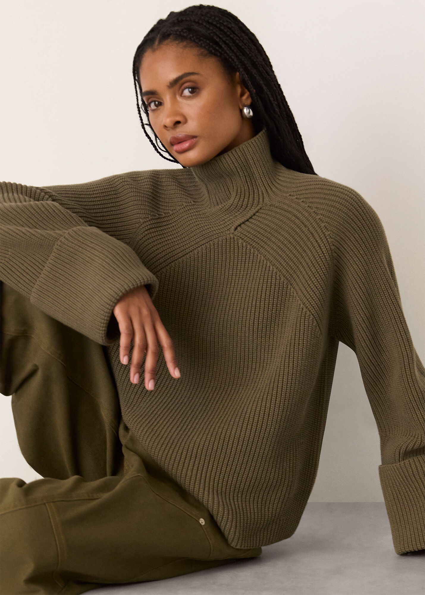 Khaki Rib Cable High Neck Jumper | WHISTLES | Whistles US |