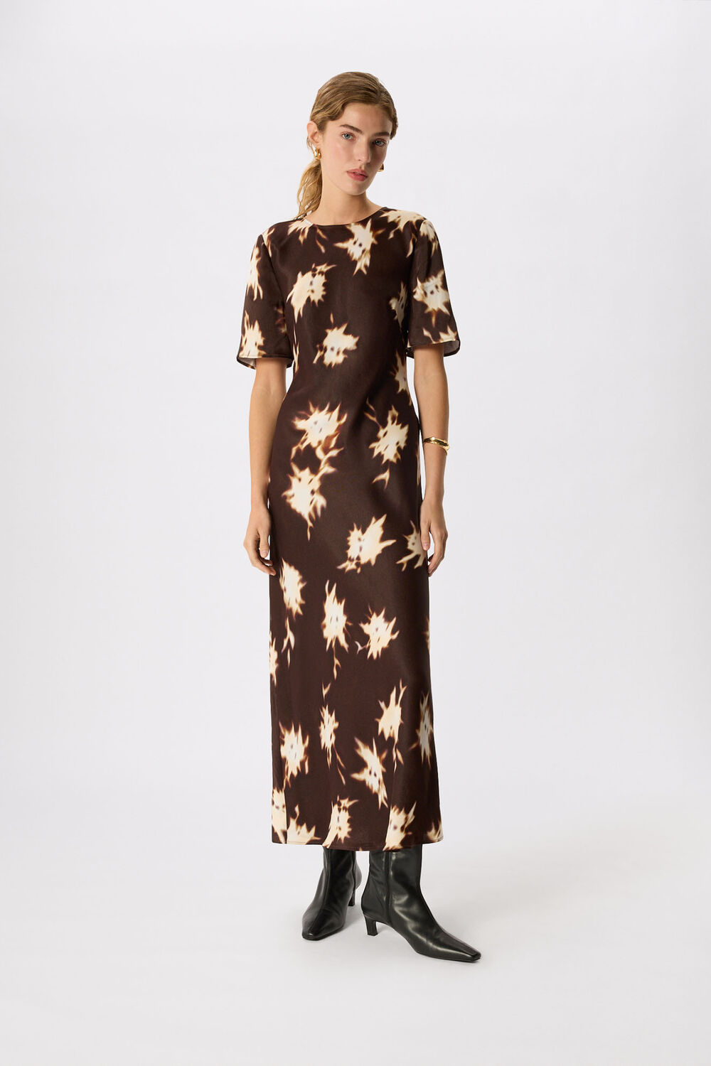 Brown Shadow Floral Midi Dress