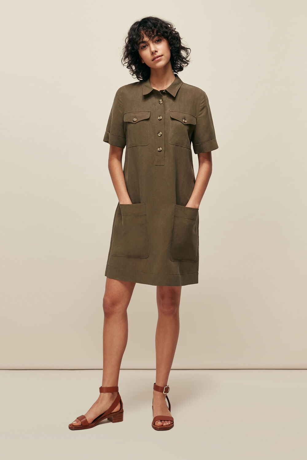 Pocket Detail Linen Mix Dress Khaki