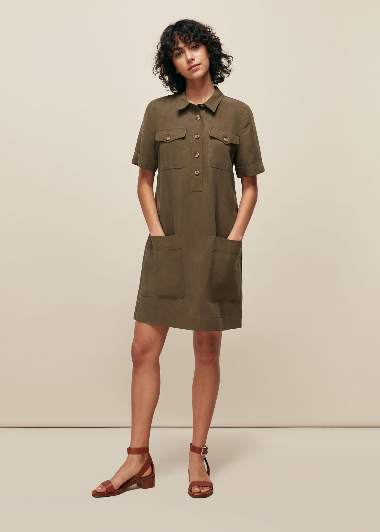 Pocket Detail Linen Mix Dress Khaki