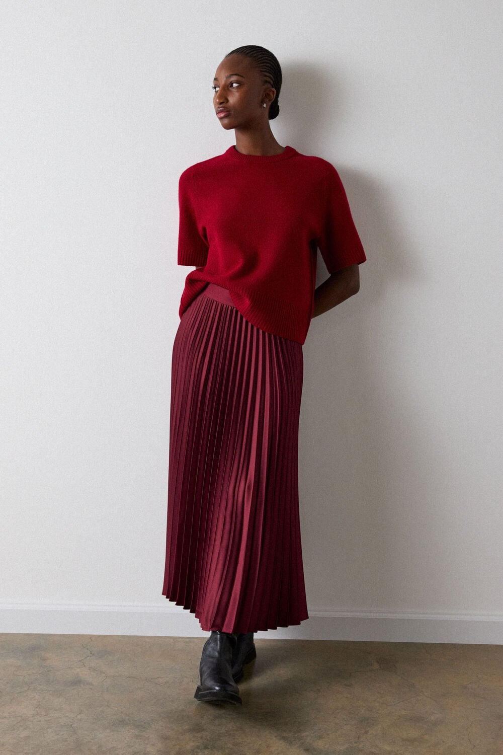 Burgundy Satin Pleated Midi Skirt