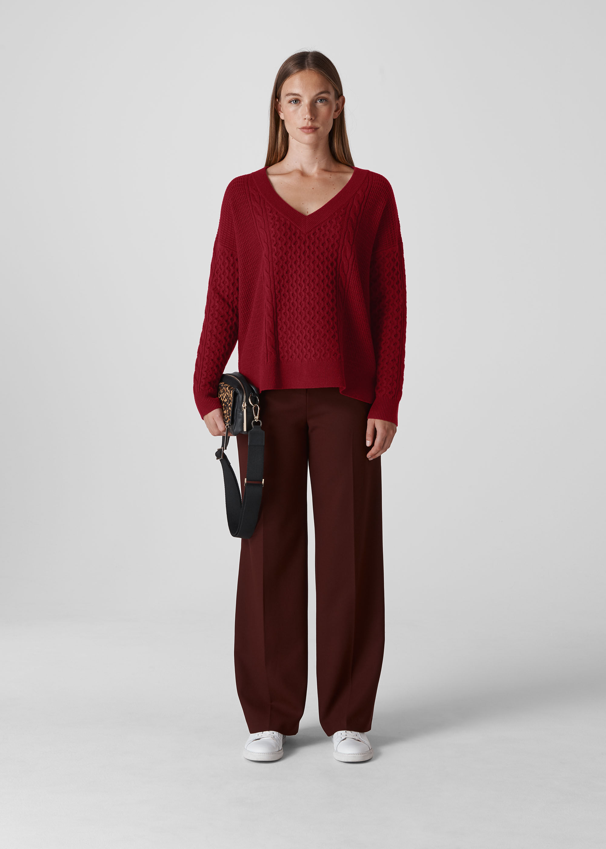Red Cable V Neck Knit | WHISTLES |