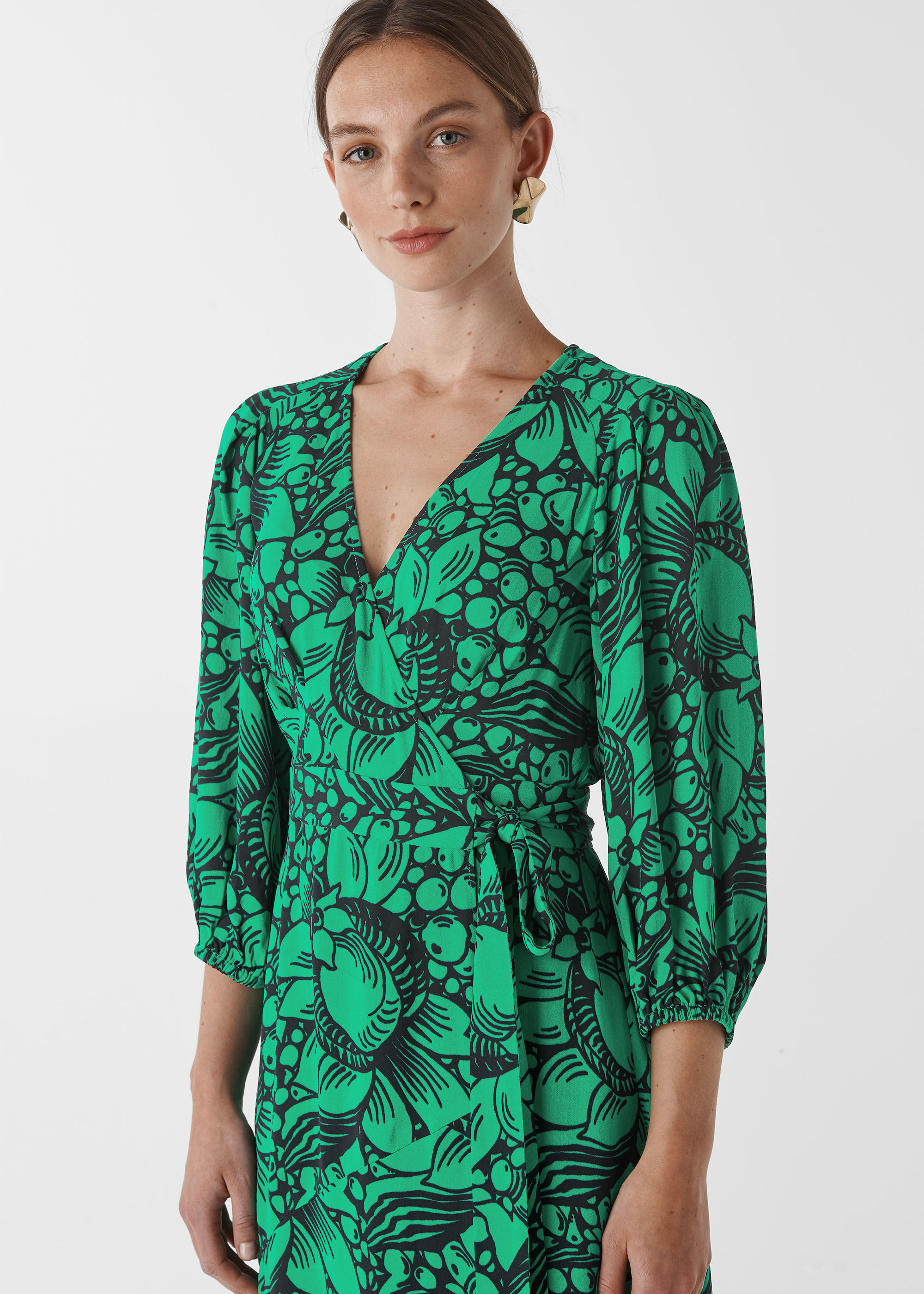 Green Sunflower Print Wrap Dress