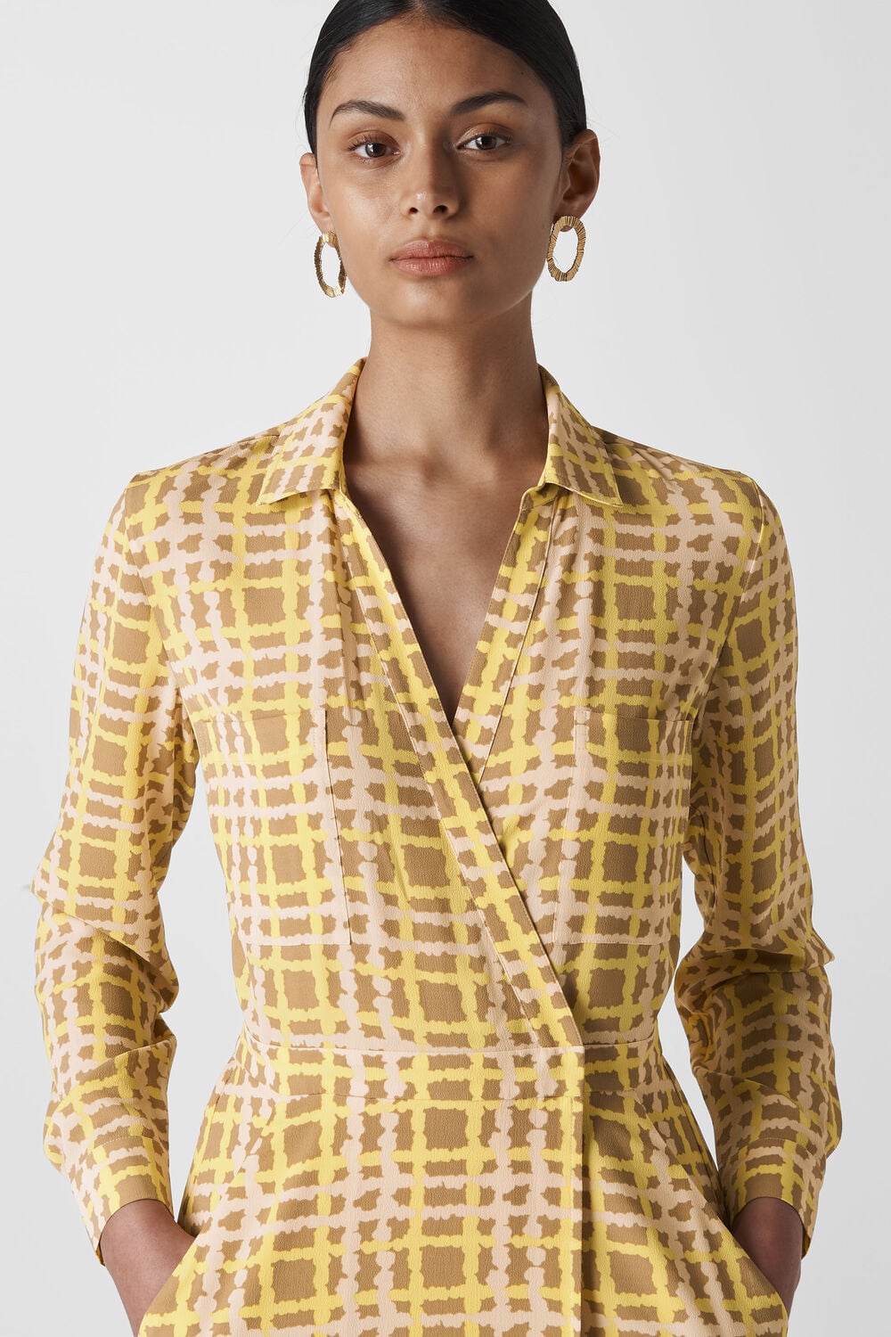 Painted Check Wrap Shirt Dress Yellow/Multi