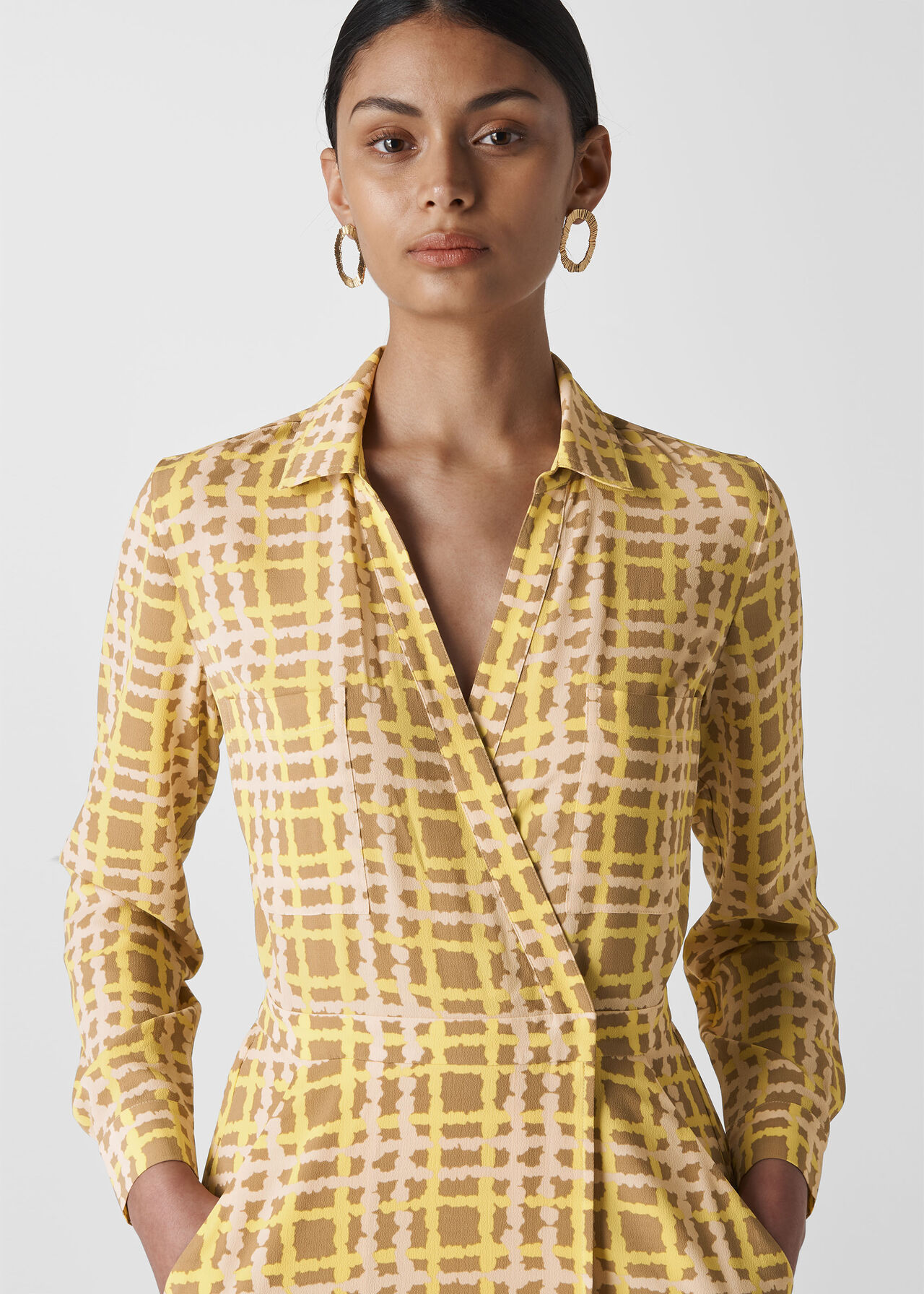Painted Check Wrap Shirt Dress Yellow/Multi