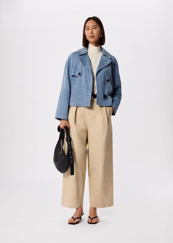 Blue Suede Short Trench Jacket