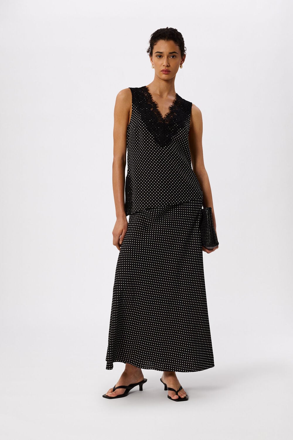 Black mini spot fit and flare midi skirt