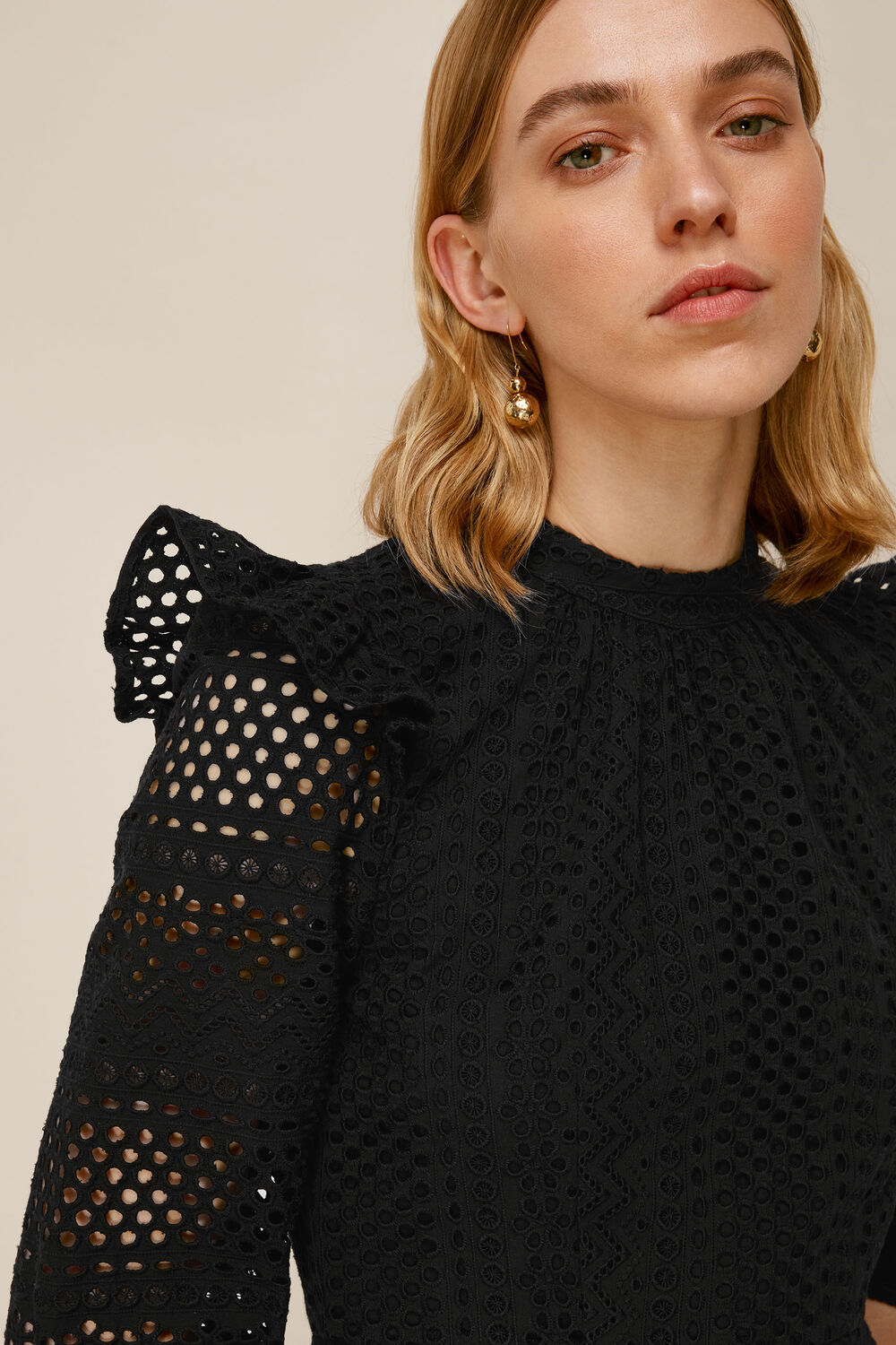 Frill Broderie Dress Black